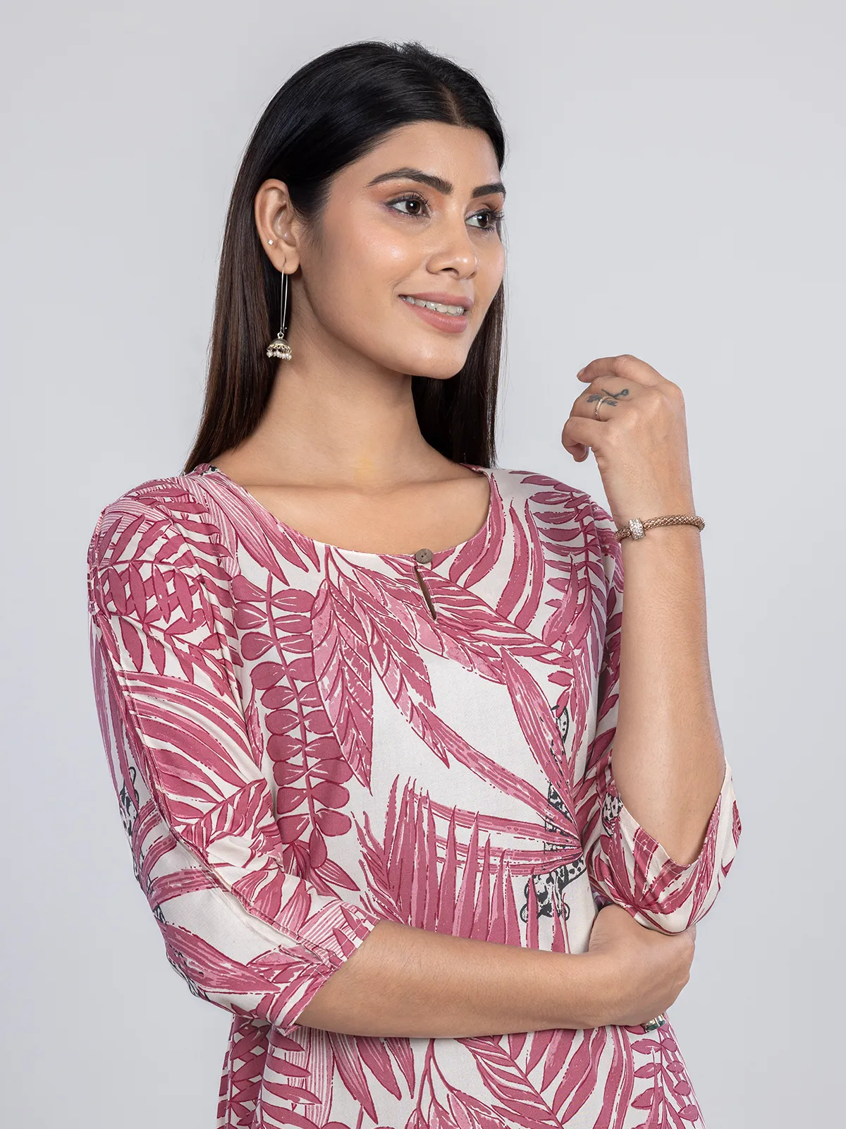 Cream printed cotton silk kurti for women