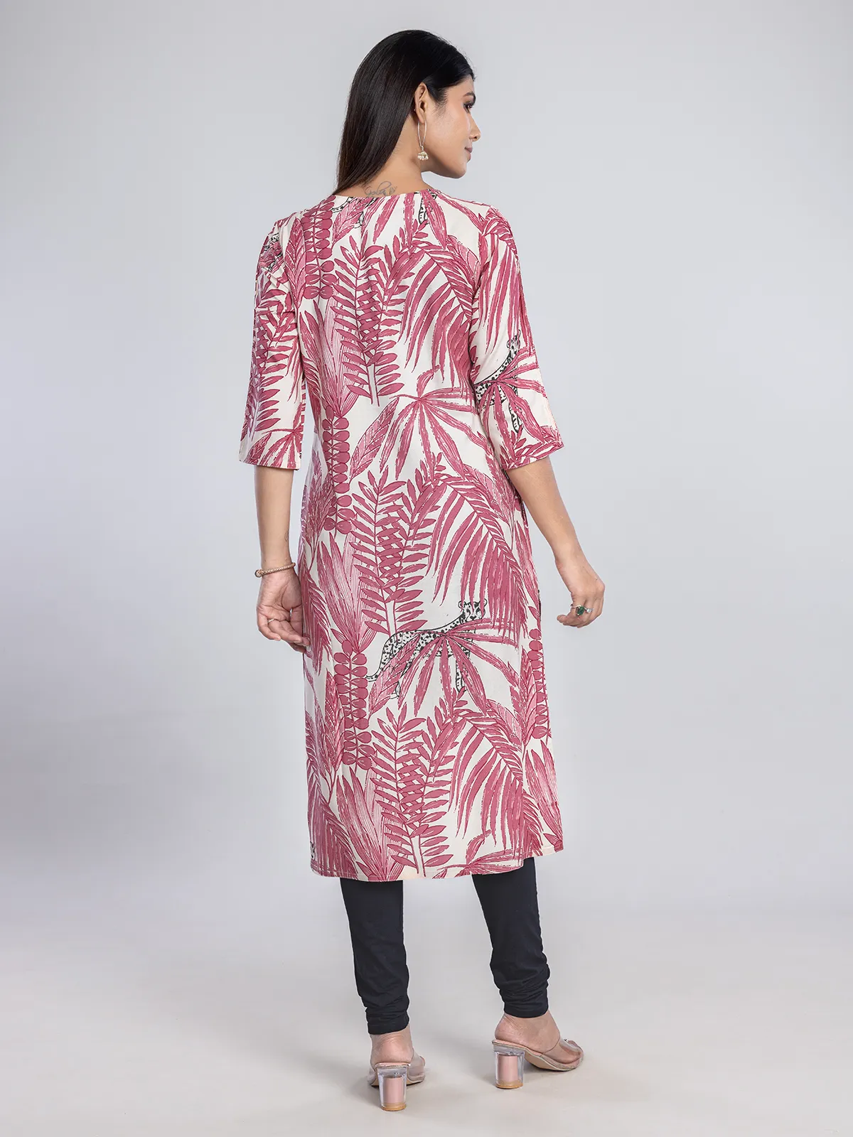 Cream printed cotton silk kurti for women