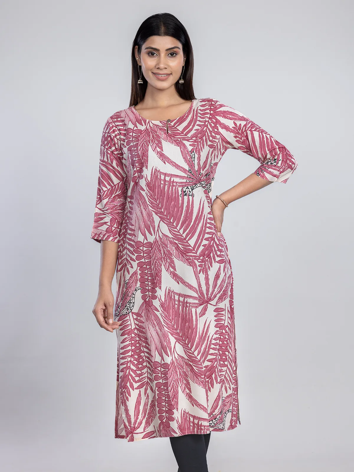 Cream printed cotton silk kurti for women