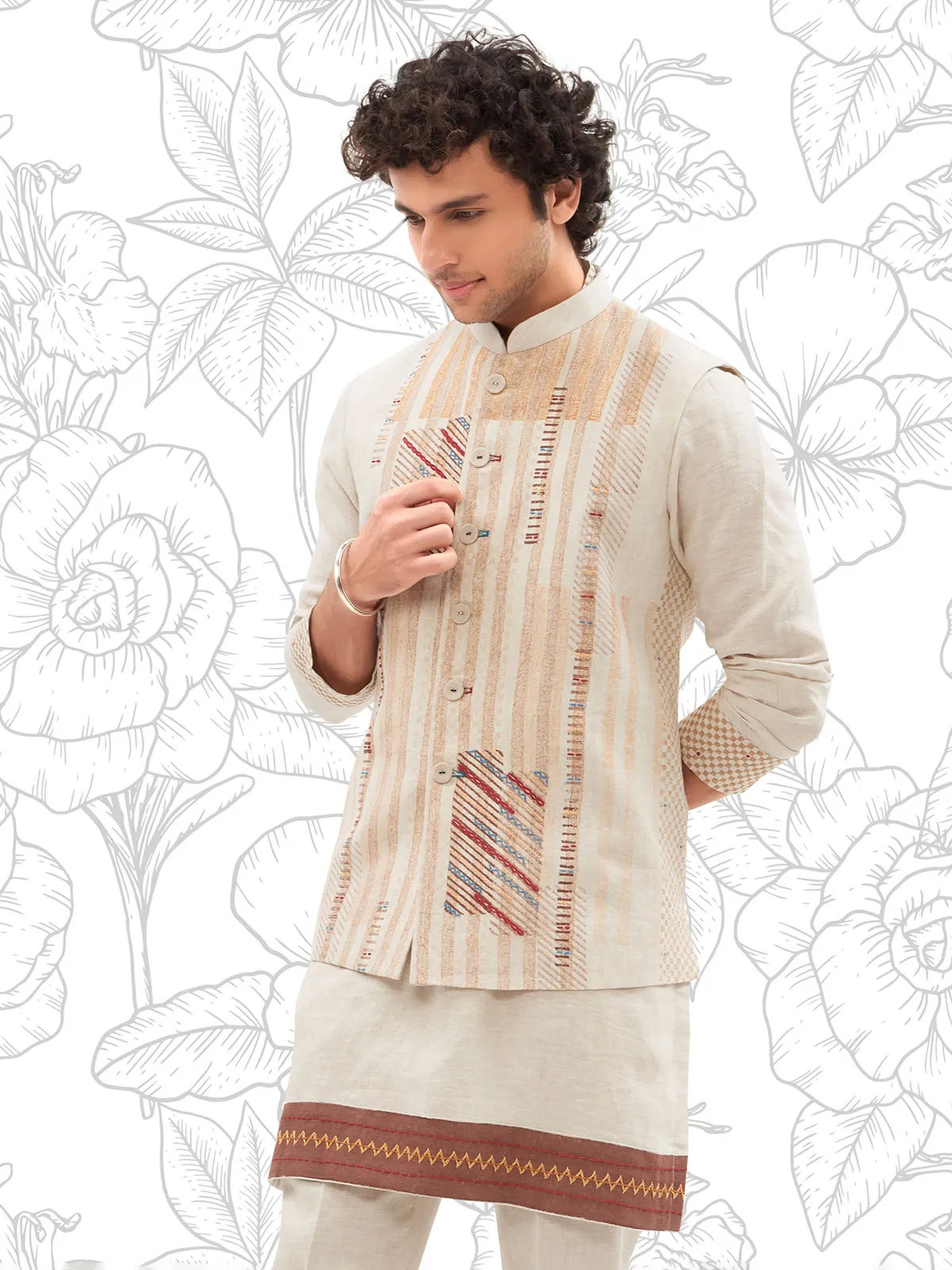 Cream printed cotton waistcoat set for men