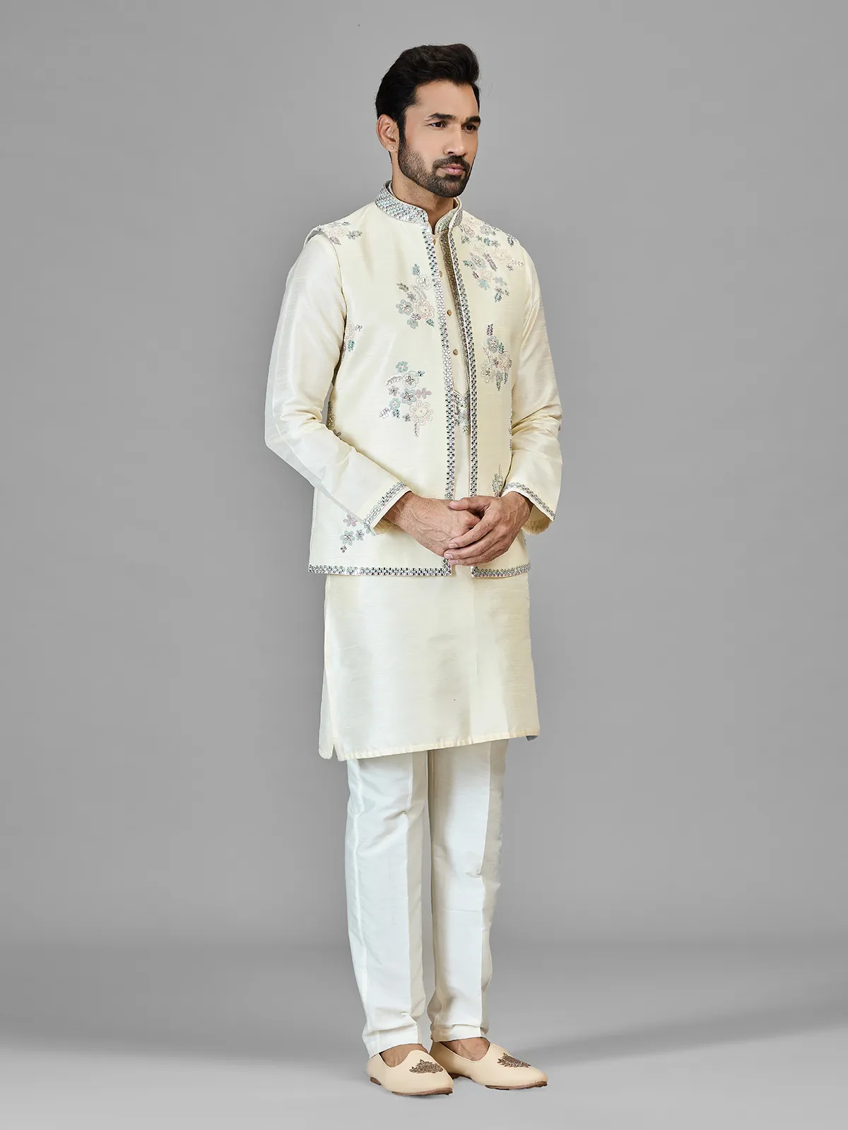 Cream silk waistcoat set with aabla work