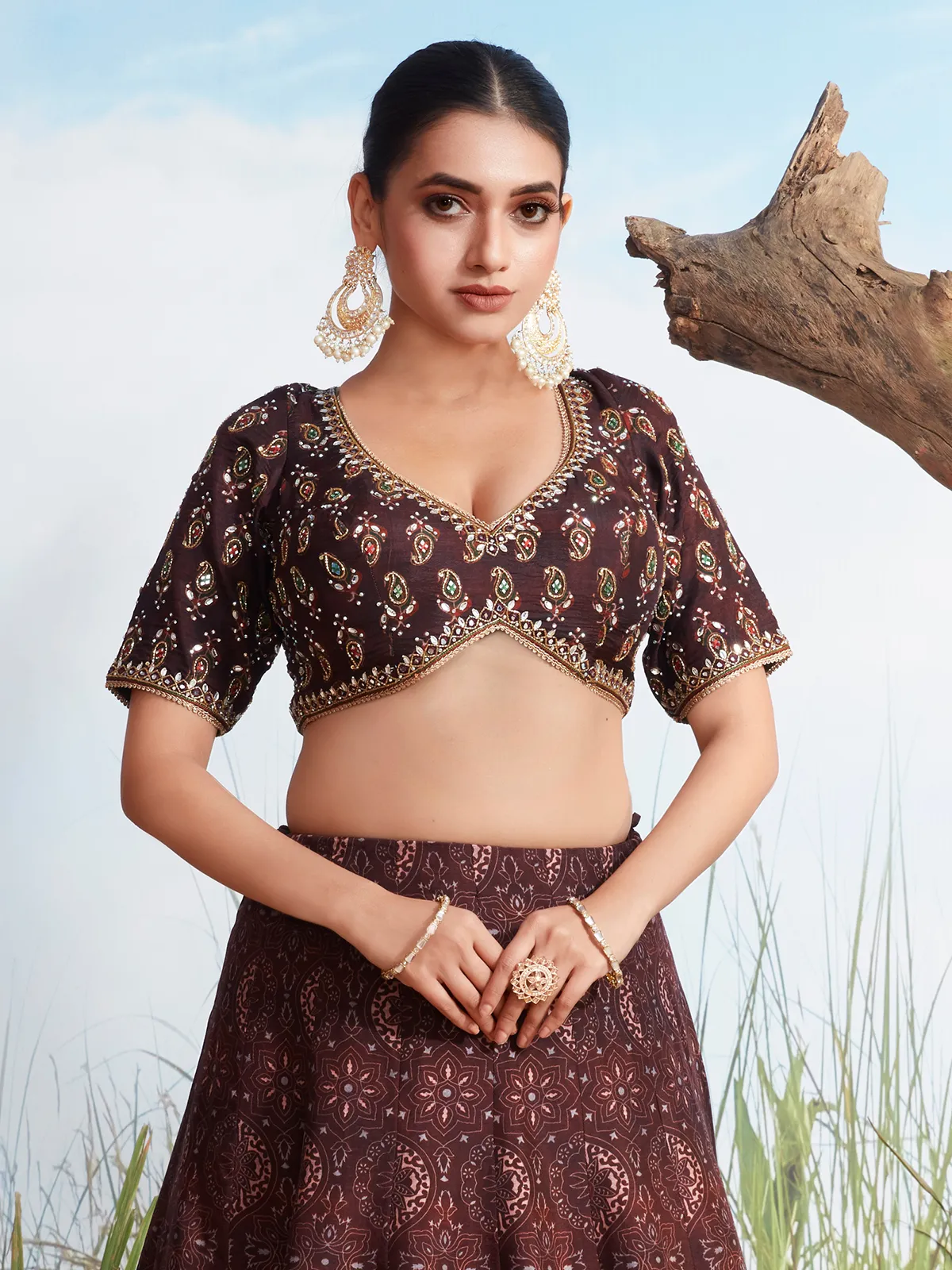 Dark brown silk lehenga choli with print