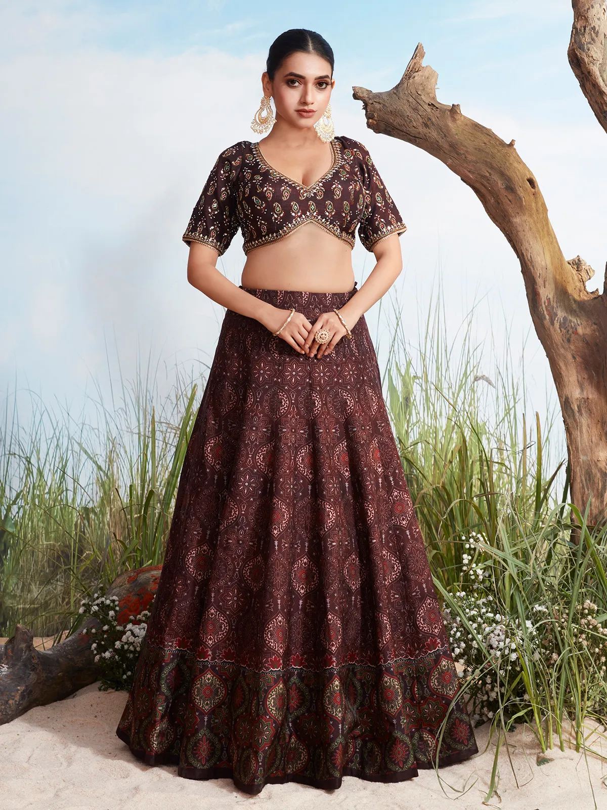 Dark brown silk lehenga choli with print