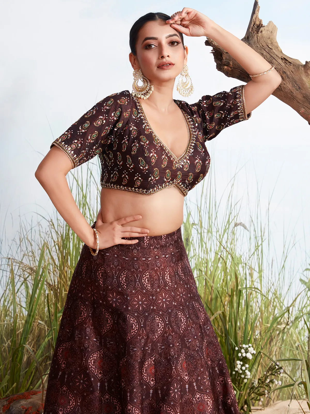 Dark brown silk lehenga choli with print