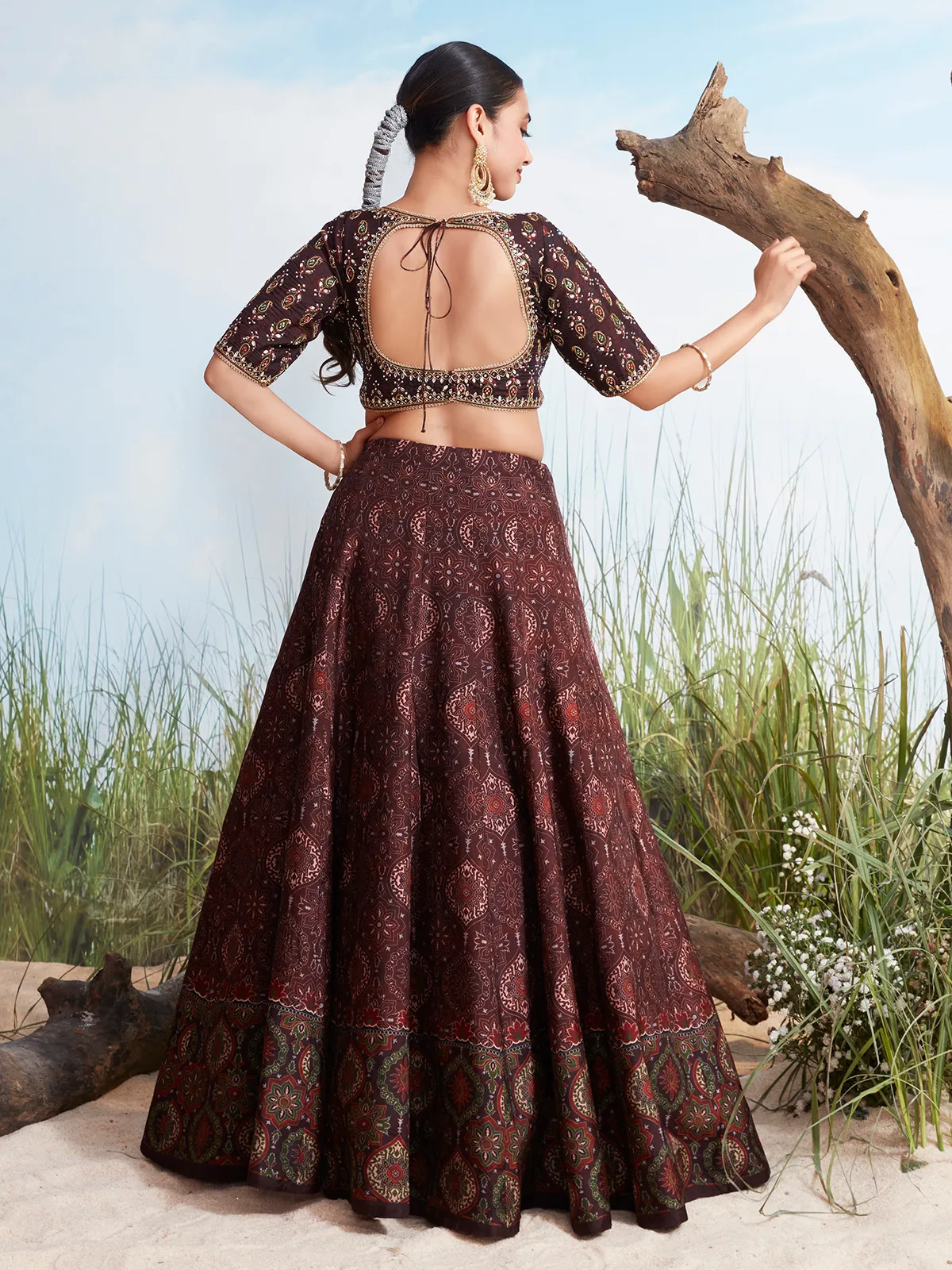 Dark brown silk lehenga choli with print