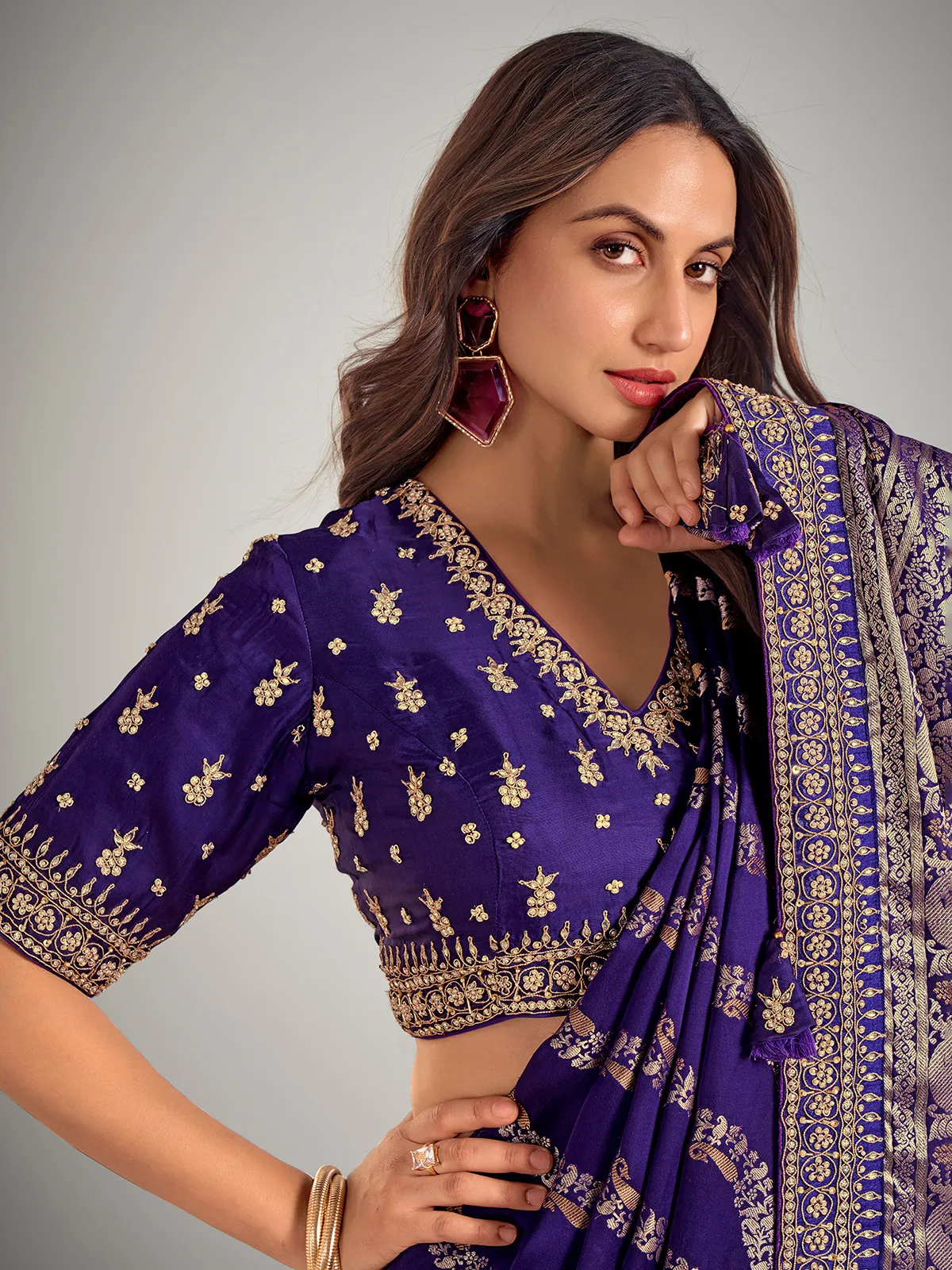 Dark purple dola silk zari weaving wedding saare