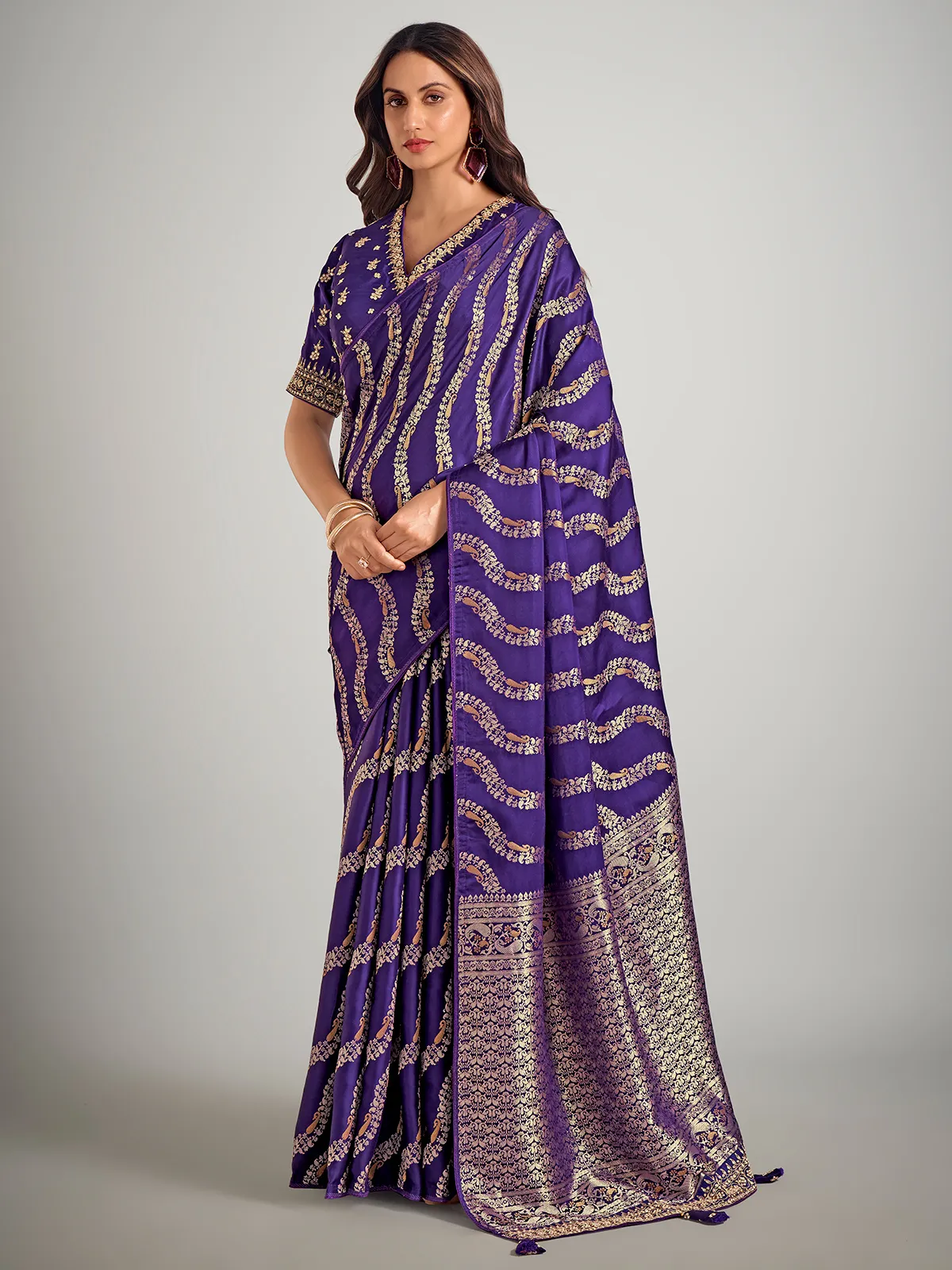 Dark purple dola silk zari weaving wedding saare