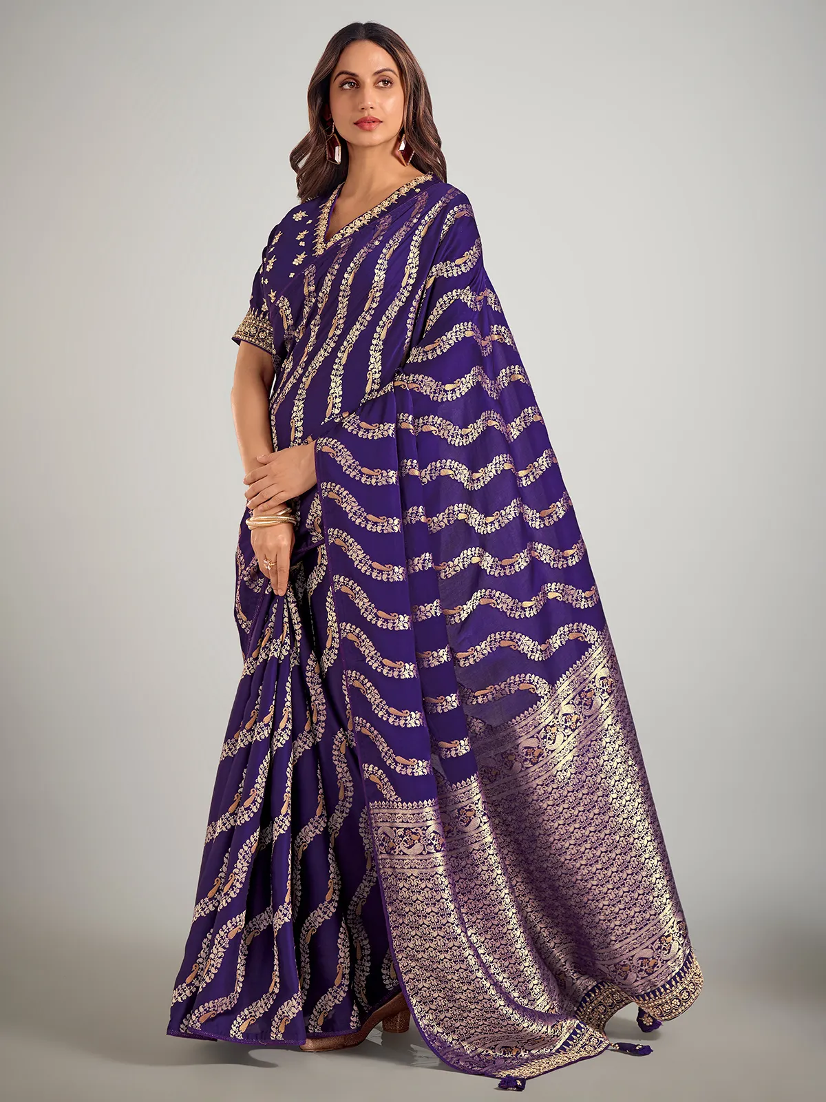 Dark purple dola silk zari weaving wedding saare