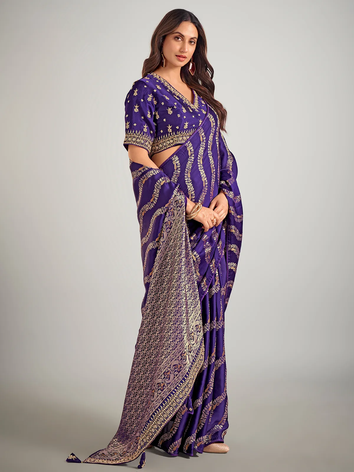 Dark purple dola silk zari weaving wedding saare