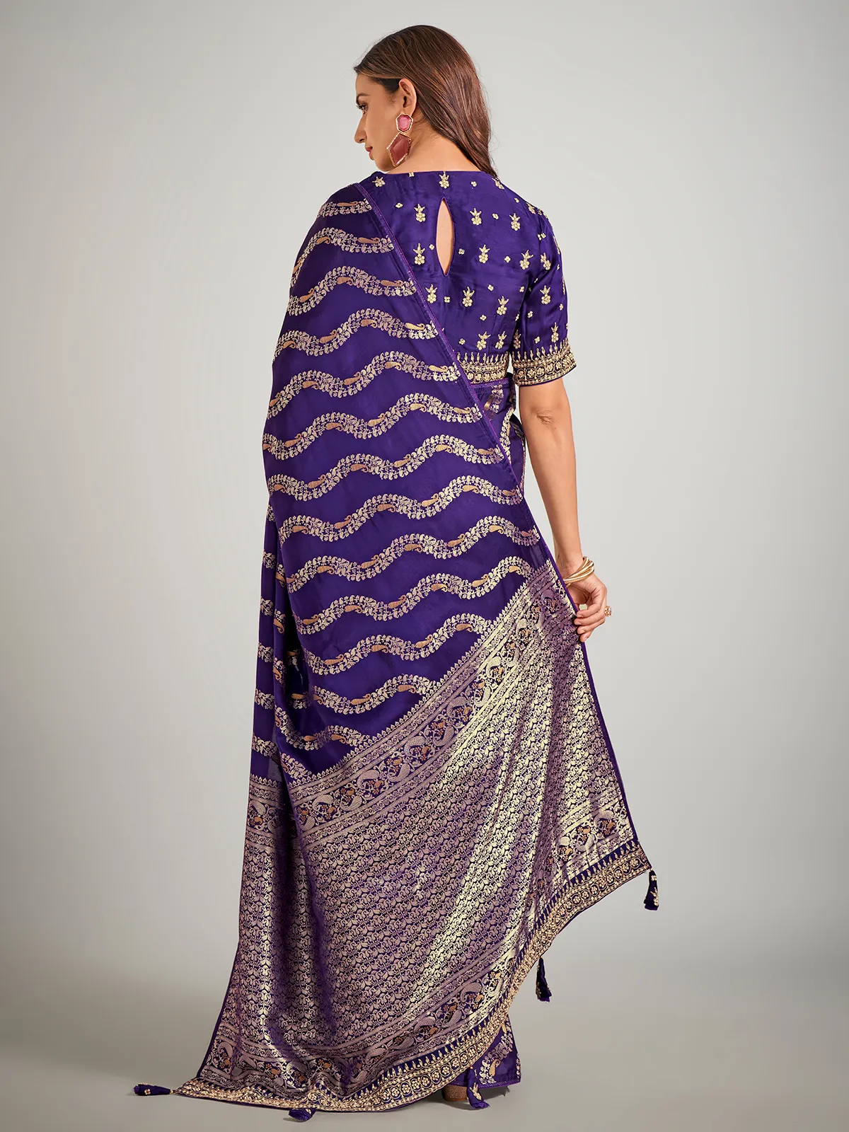 Dark purple dola silk zari weaving wedding saare