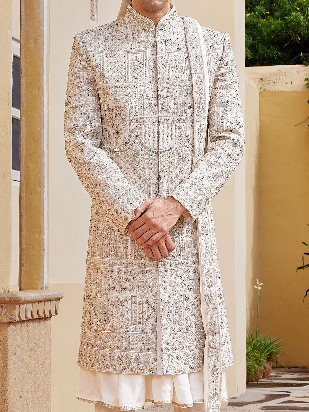 Elegant cream raw silk sherwani with beads embellishment