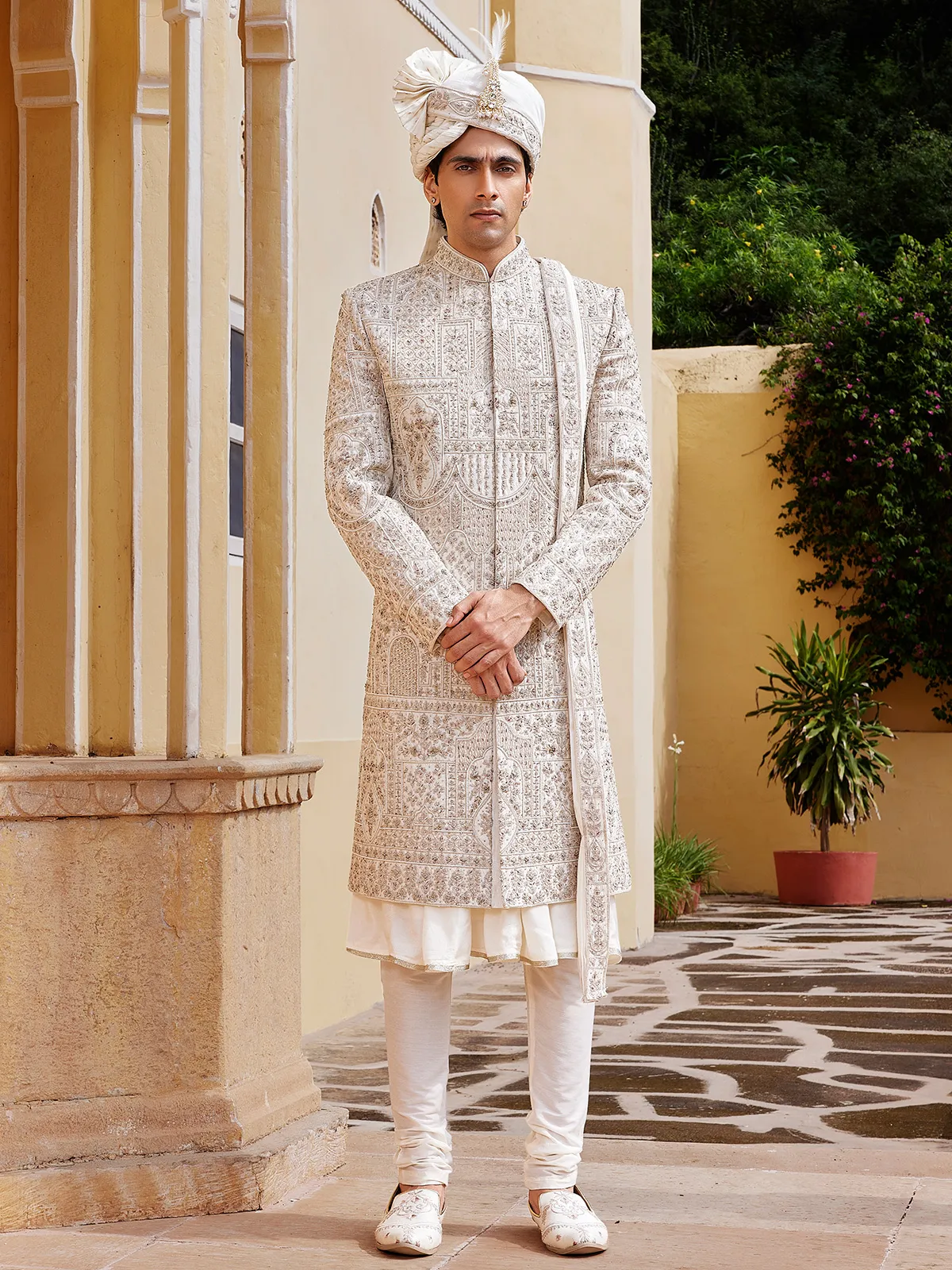 Elegant cream raw silk sherwani with beads embellishment
