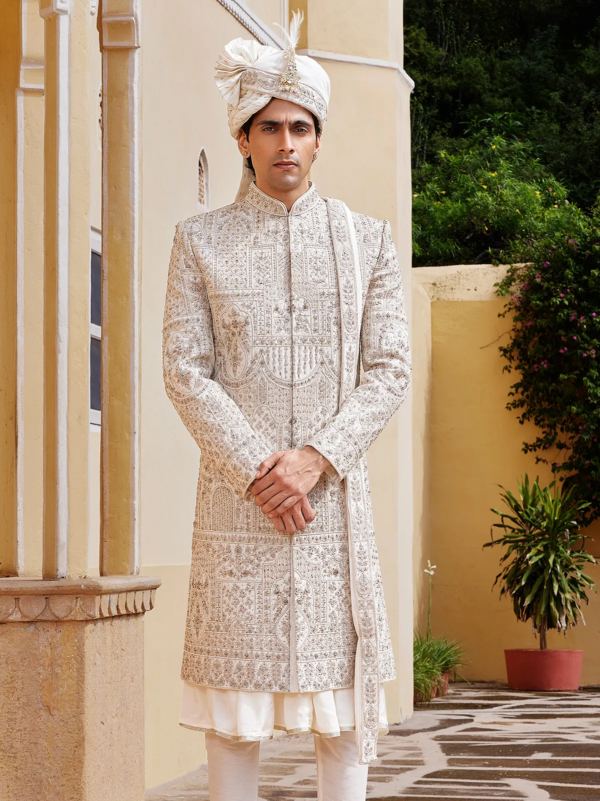 Elegant cream raw silk sherwani with beads embellishment