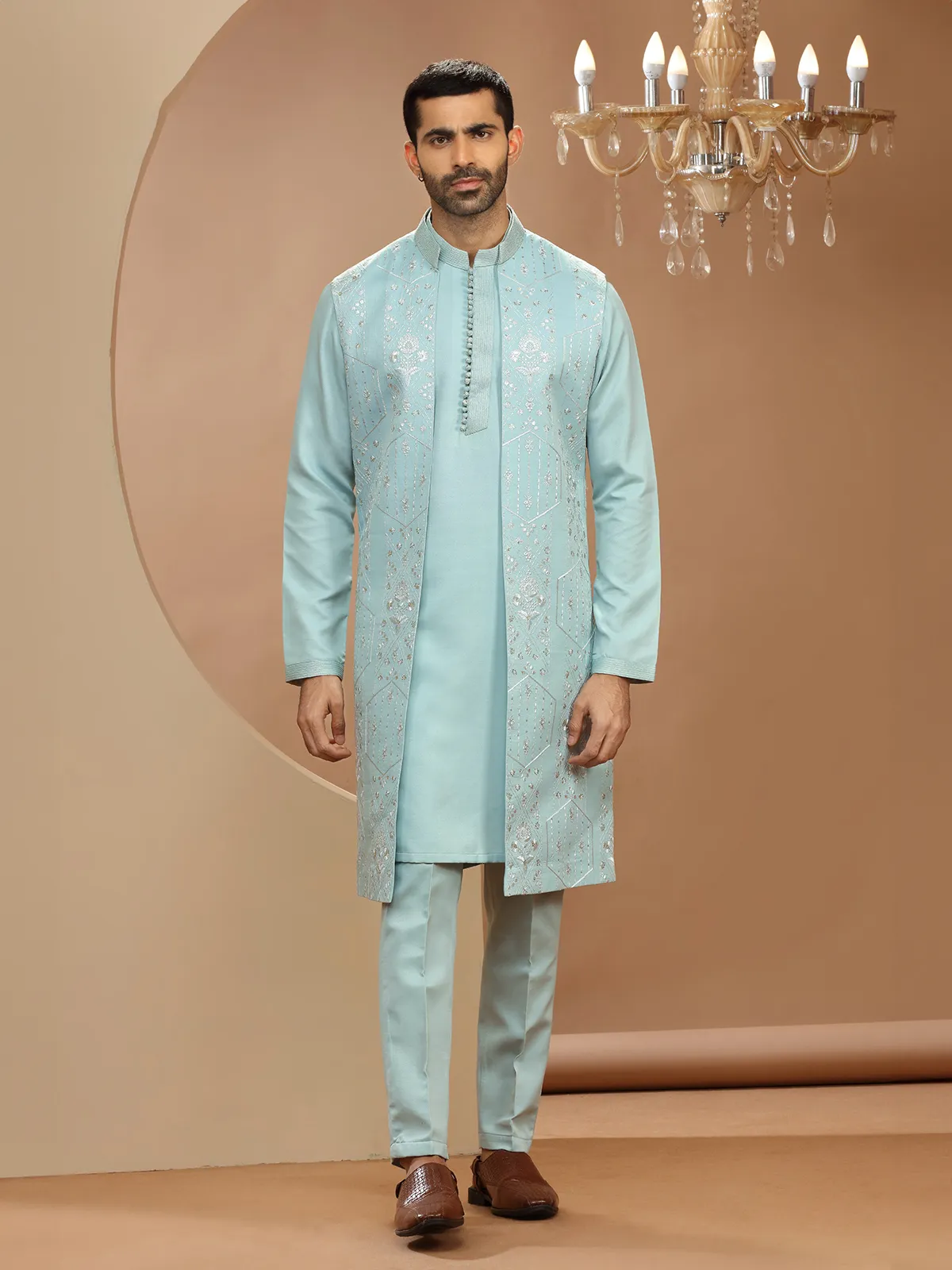 Elegant sky blue silk wedding indowestern