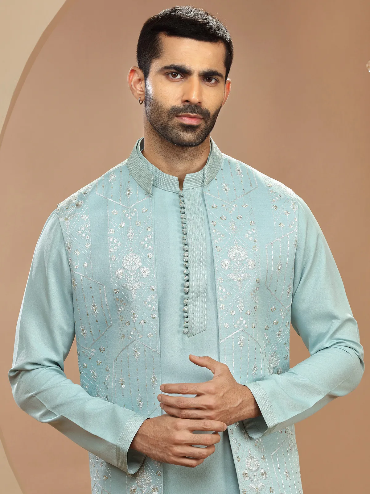Elegant sky blue silk wedding indowestern