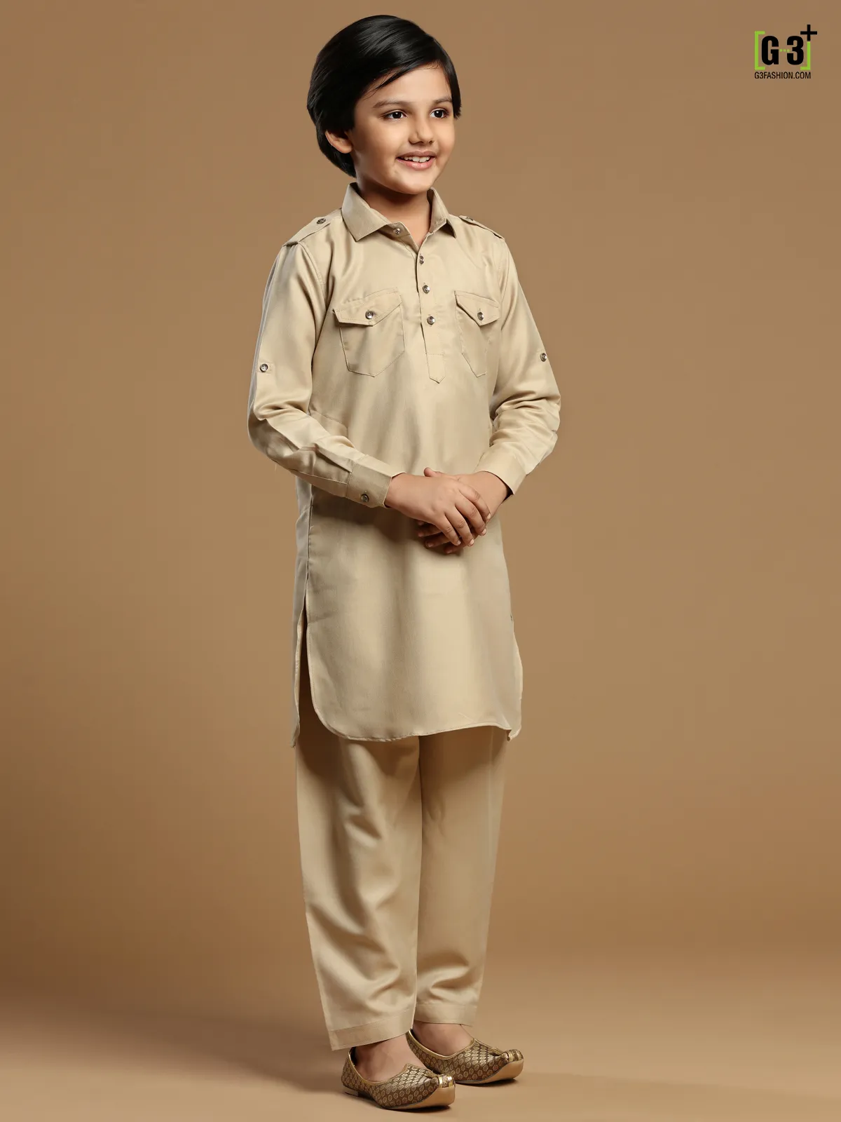 Festive wear beige plain cotton silk pathani suit