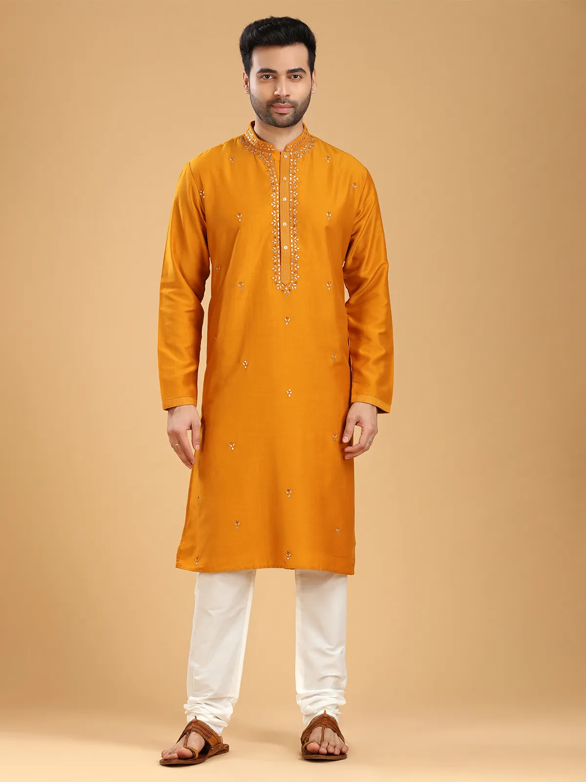 Festive wear mustard yellow silk  Men Kurta pajama