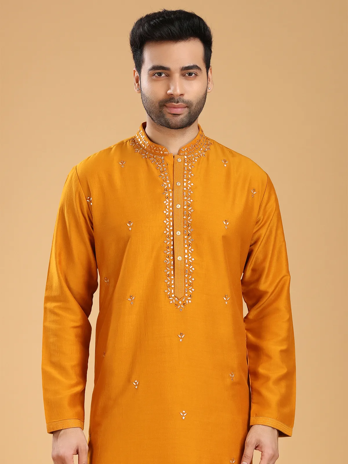 Festive wear mustard yellow silk  Men Kurta pajama