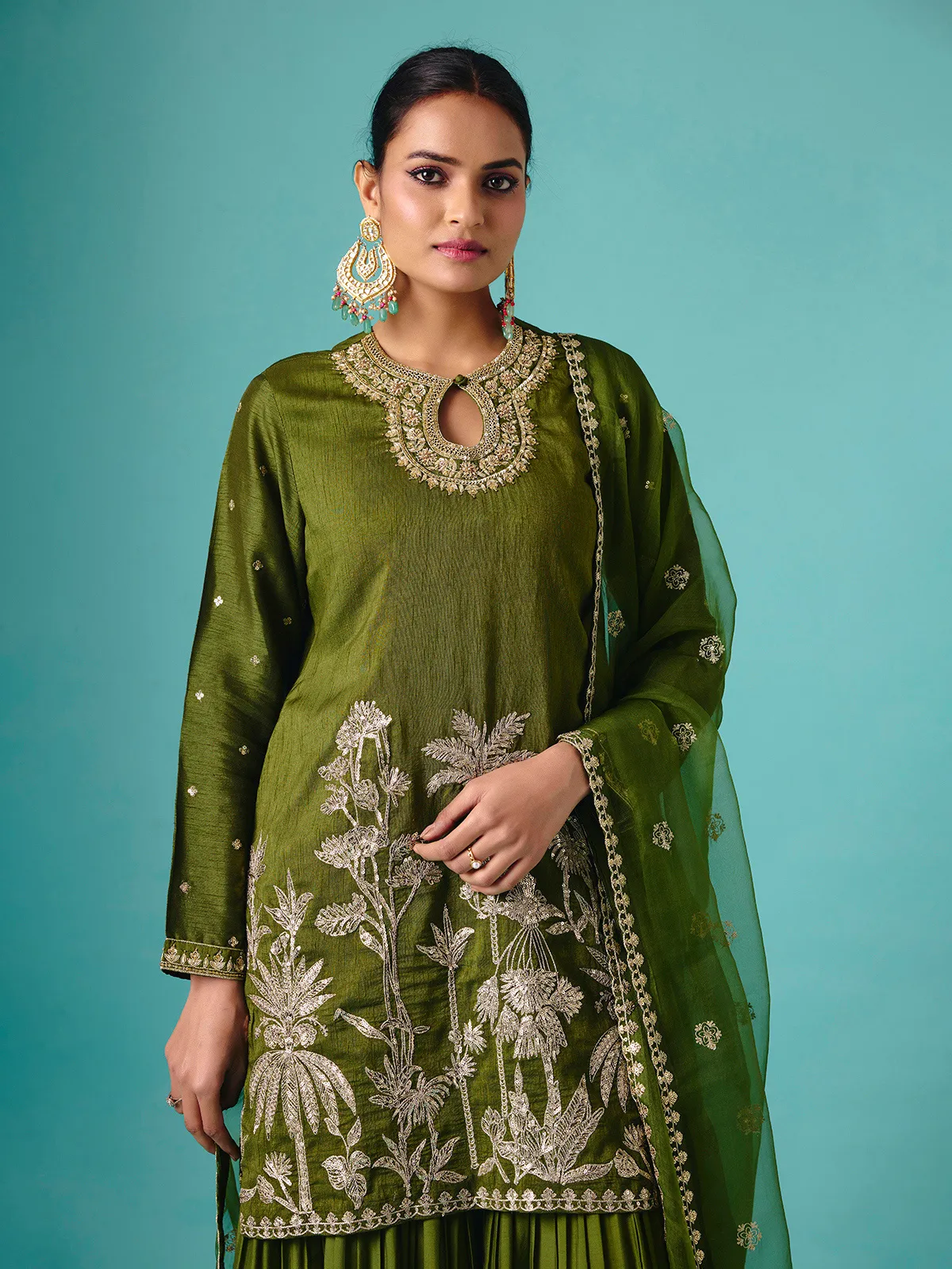 Green chinon silk net detailed sharara suit