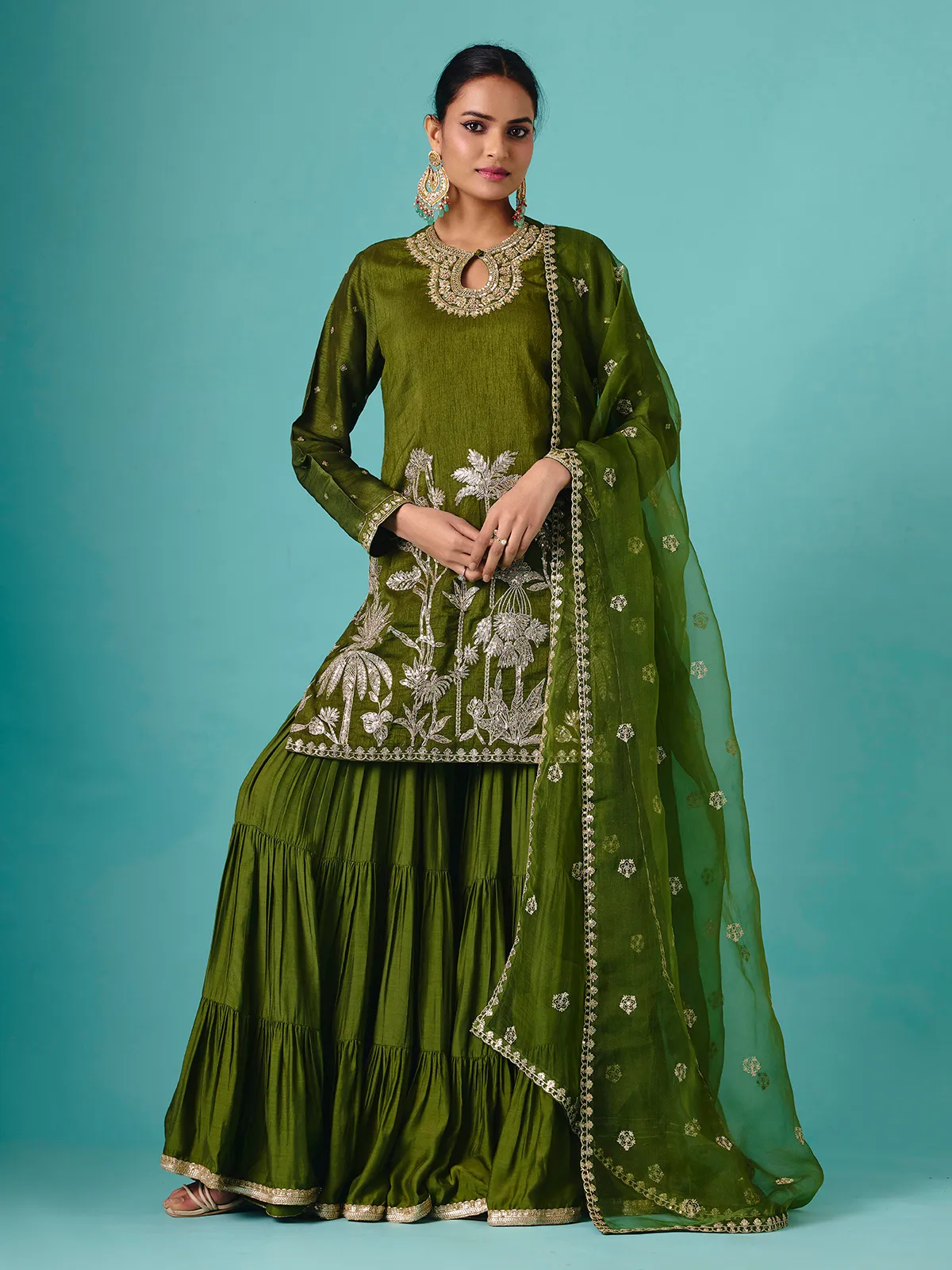 Green chinon silk net detailed sharara suit