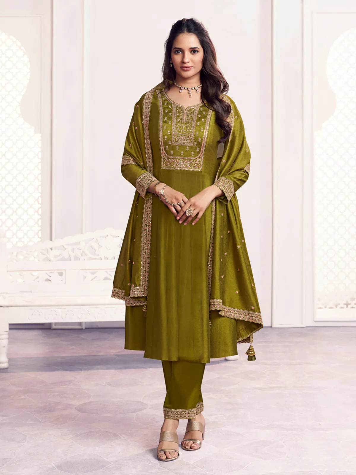 Green festive shimmer chinon anarkali flair