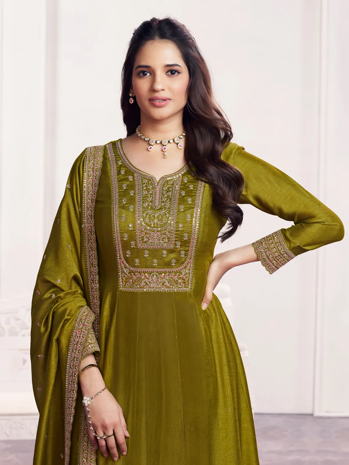Green festive shimmer chinon anarkali flair