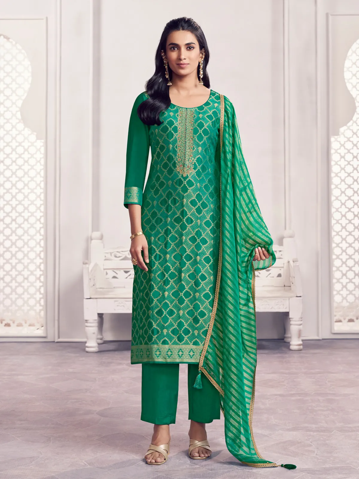 Green geometric zari silk festive drape salwar suit