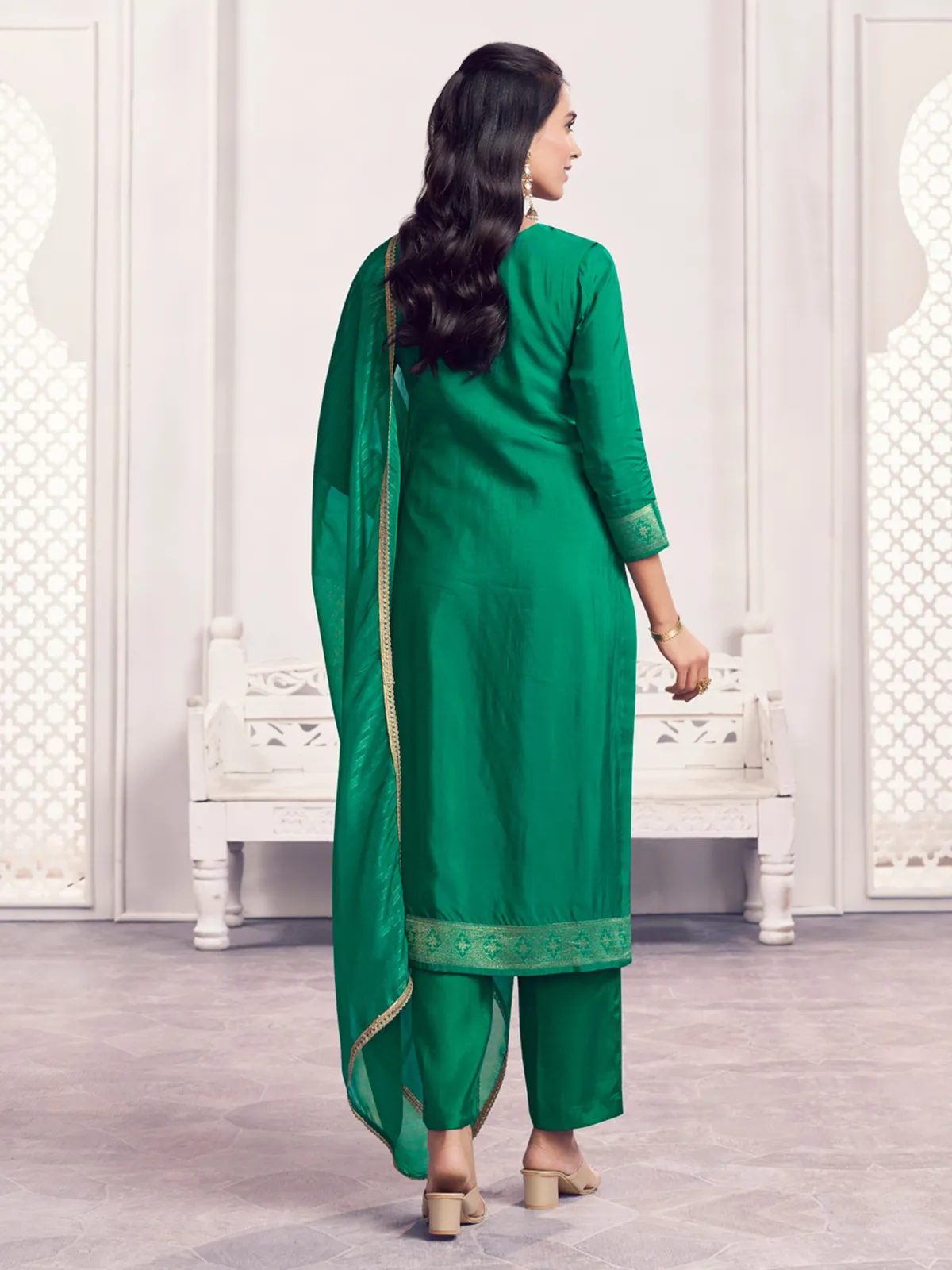 Green geometric zari silk festive drape salwar suit