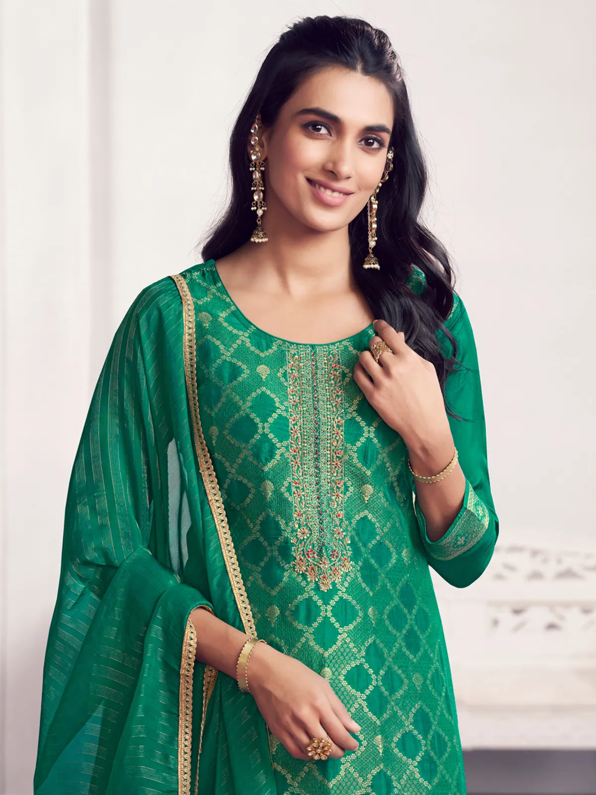Green geometric zari silk festive drape salwar suit