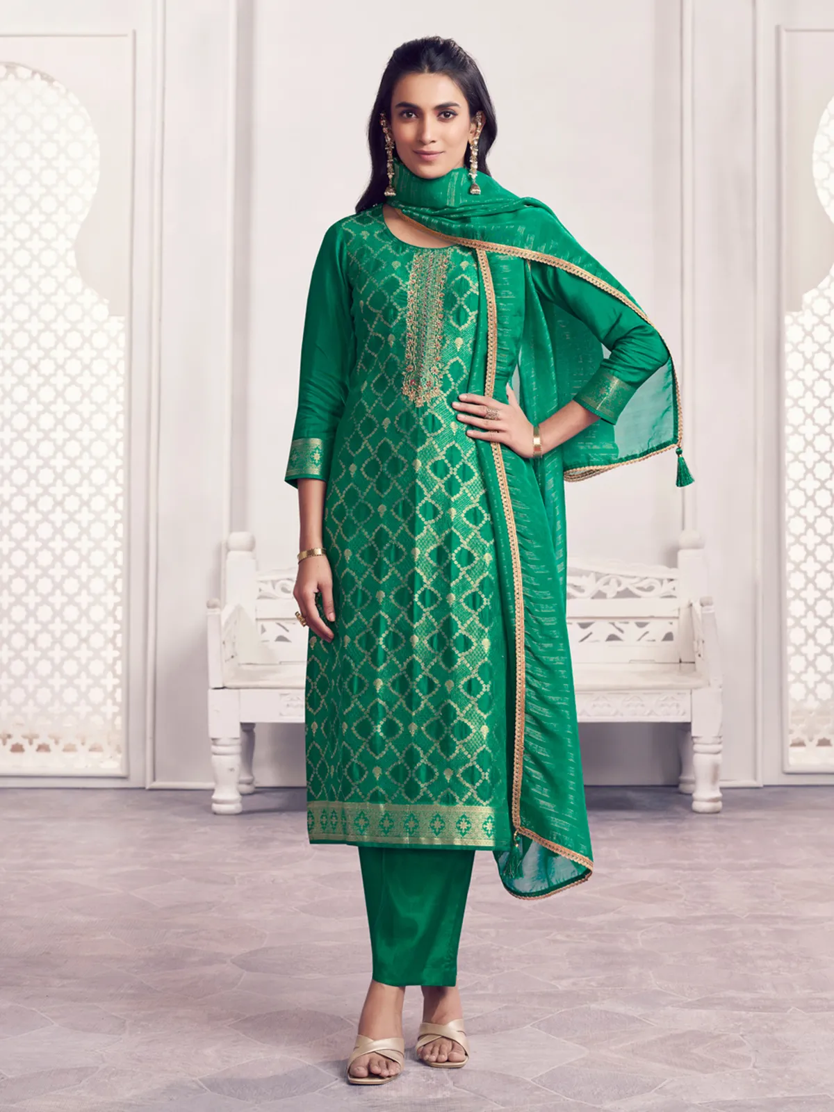 Green geometric zari silk festive drape salwar suit