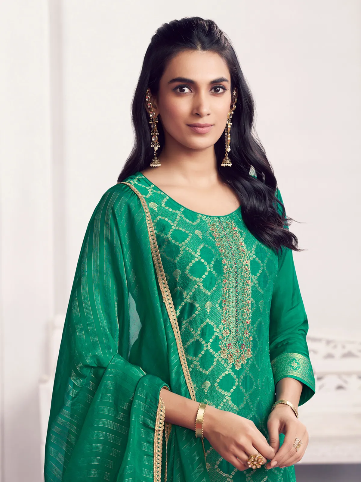 Green geometric zari silk festive drape salwar suit