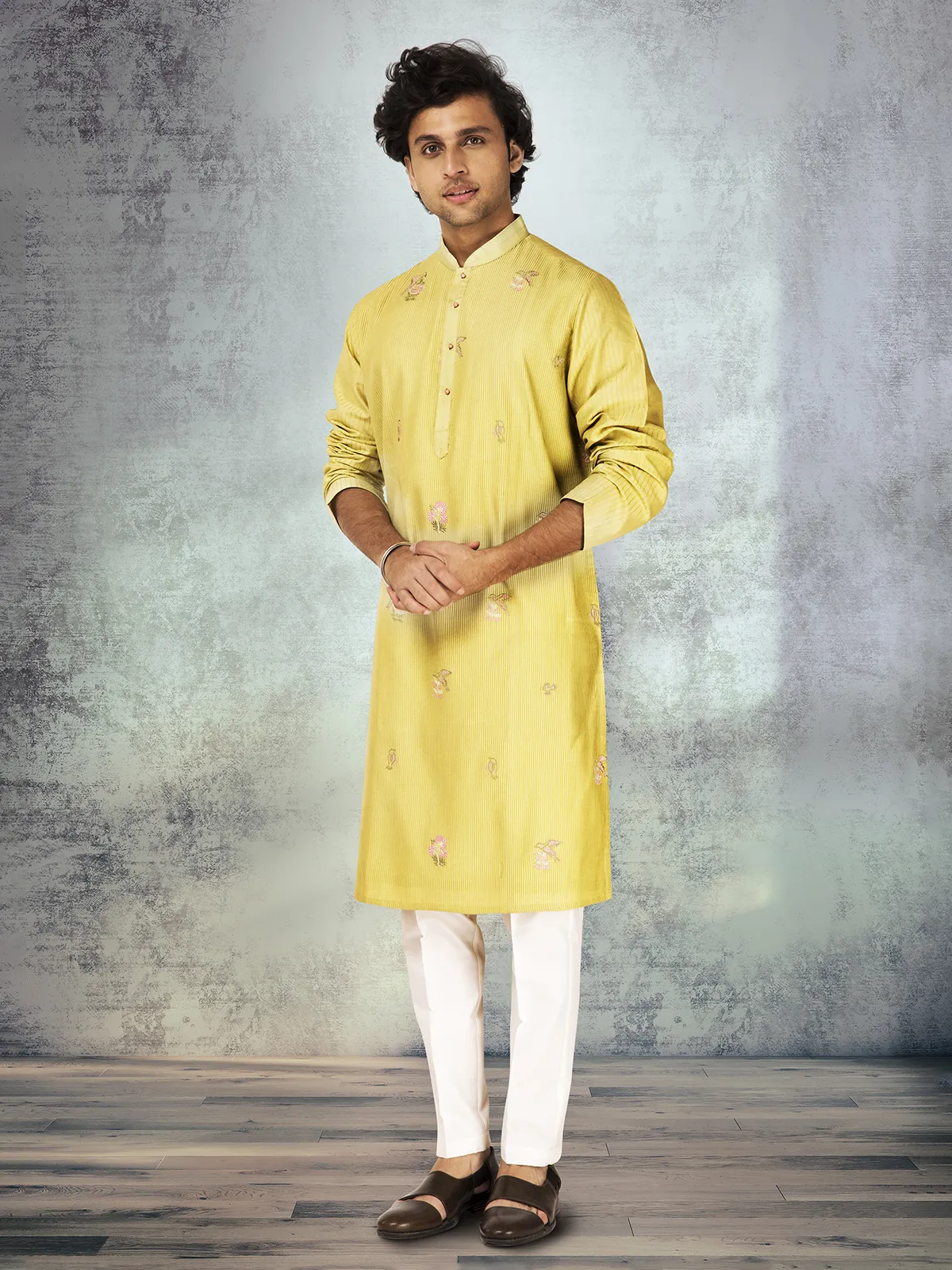 Lemon yellow silk striped embroidered kurta suit