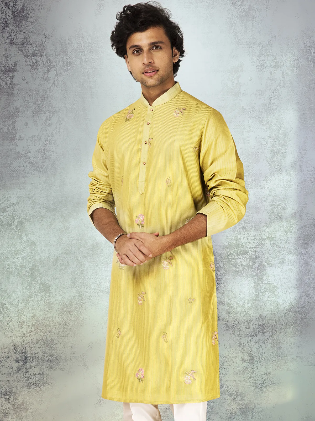 Lemon yellow silk striped embroidered kurta suit