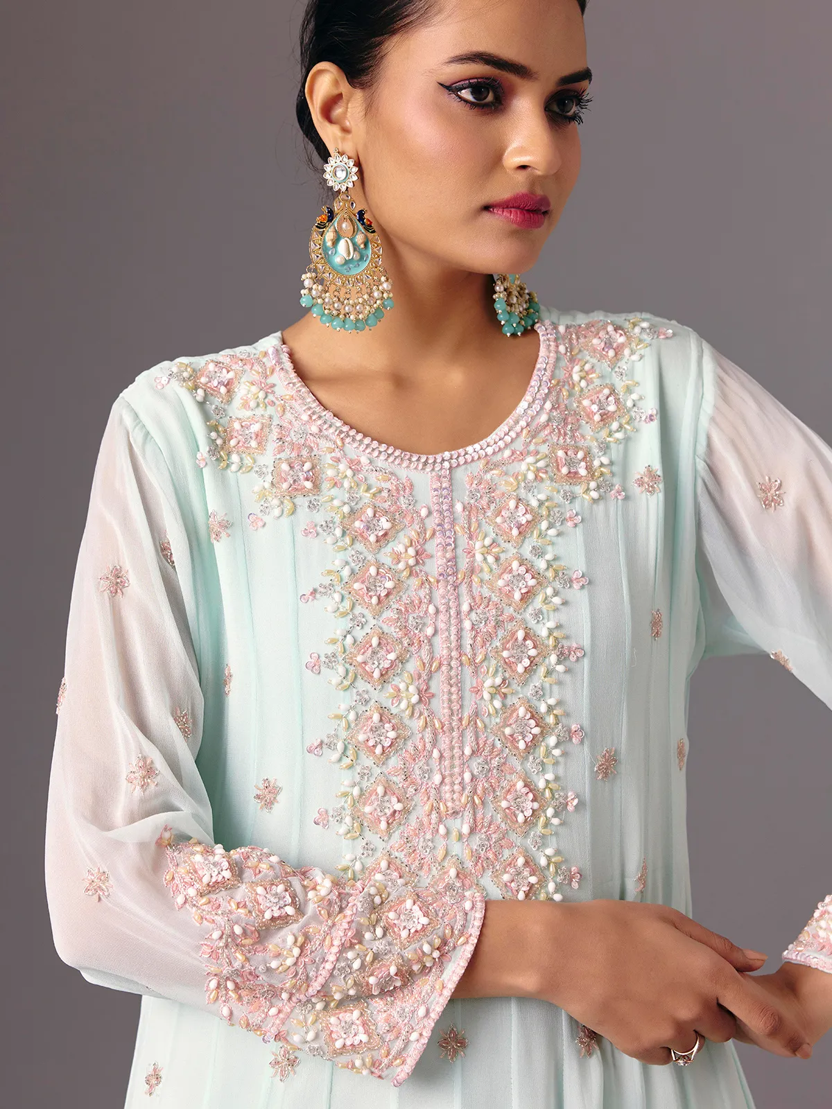 Light blue georgette round neck floor length suit for women