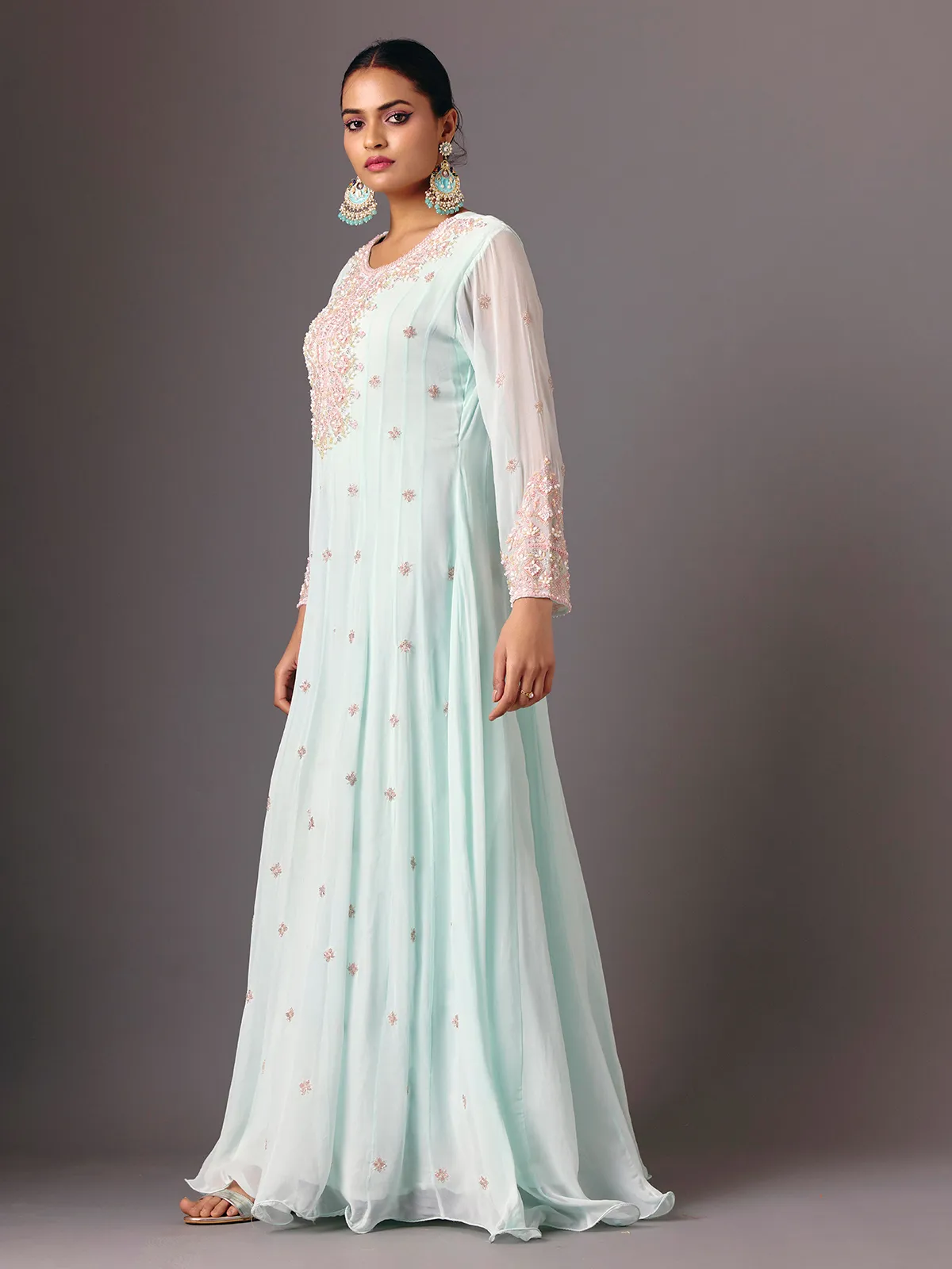 Light blue georgette round neck floor length suit for women