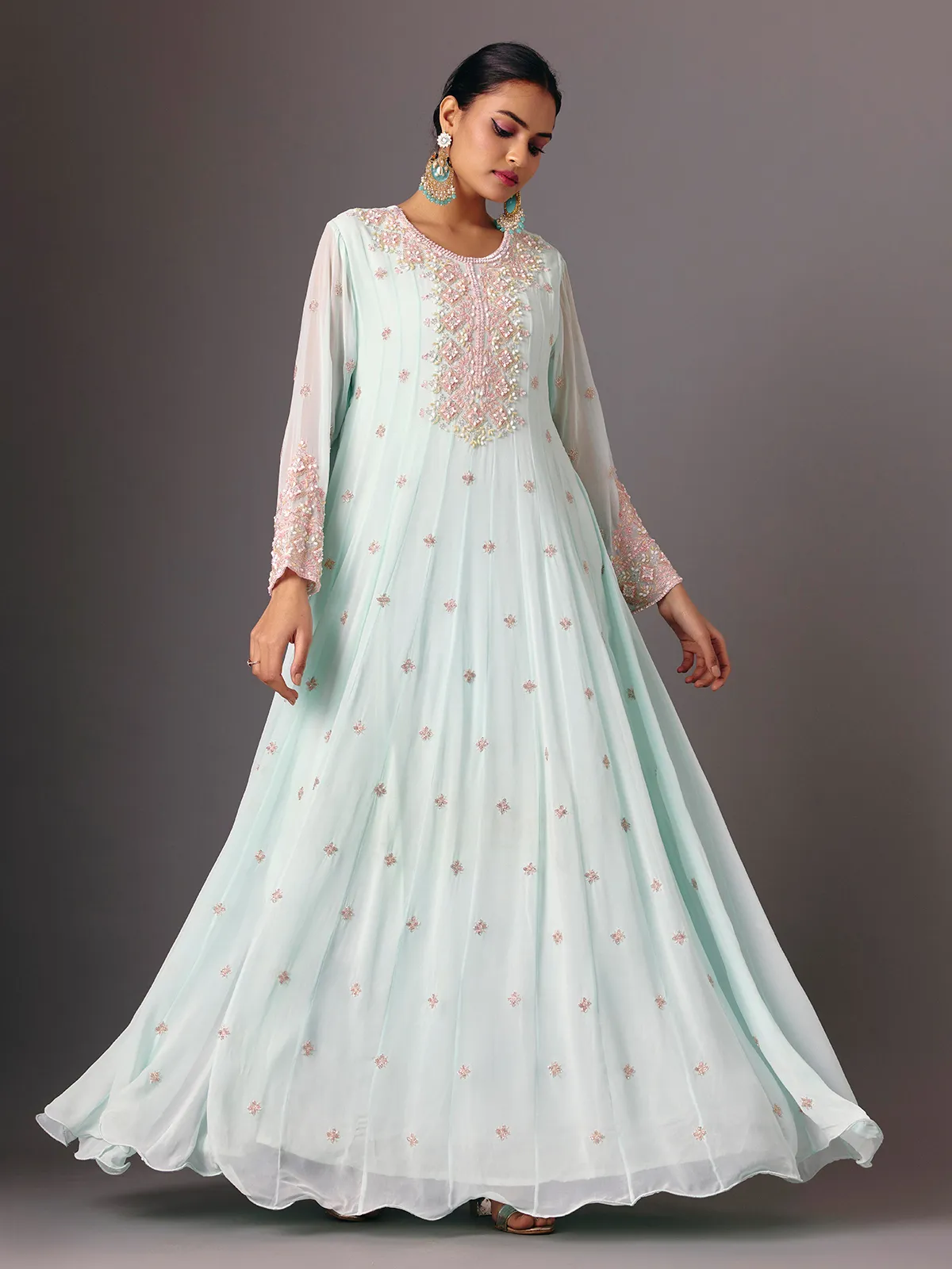 Light blue georgette round neck floor length suit for women