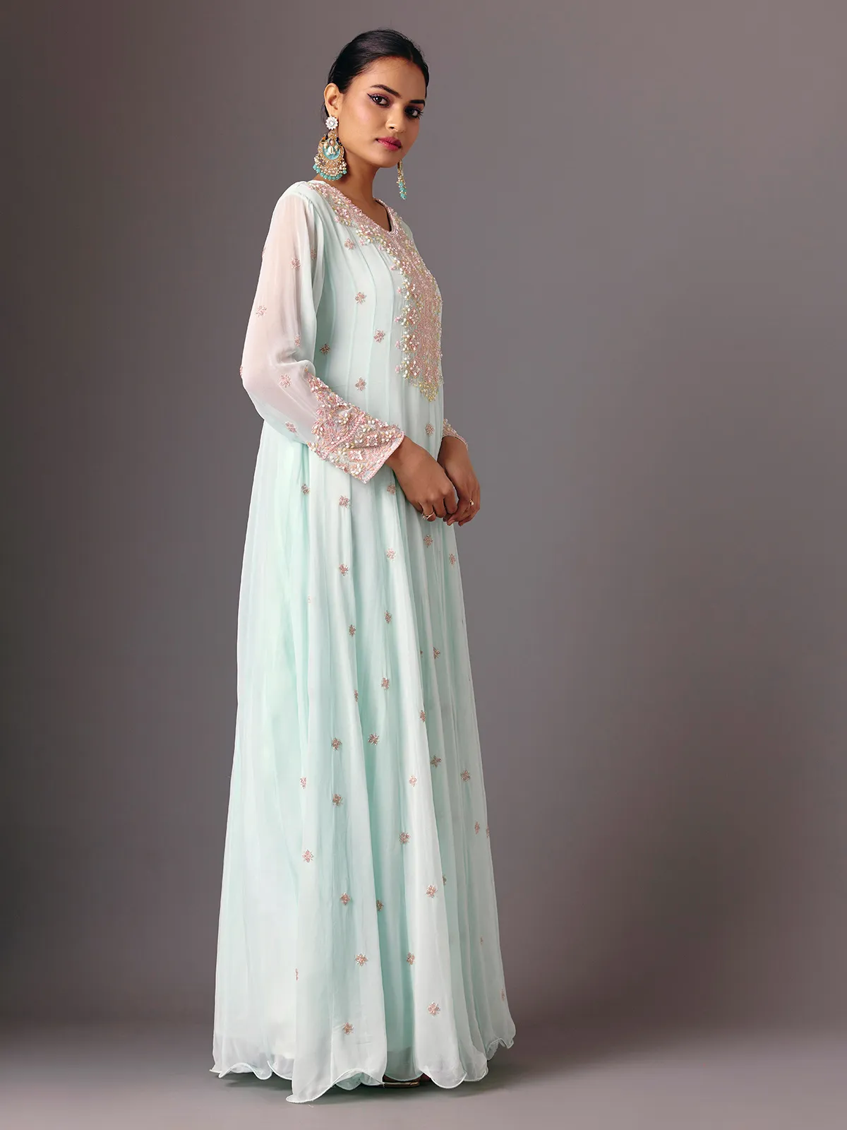 Light blue georgette round neck floor length suit for women
