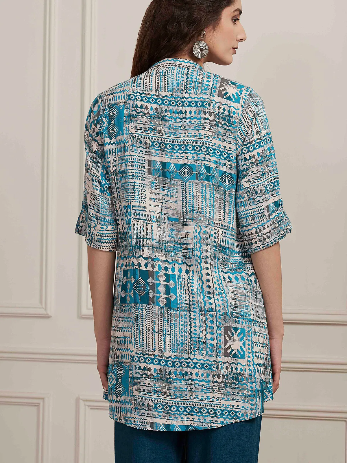 Light blue printed short cotton silk kurti