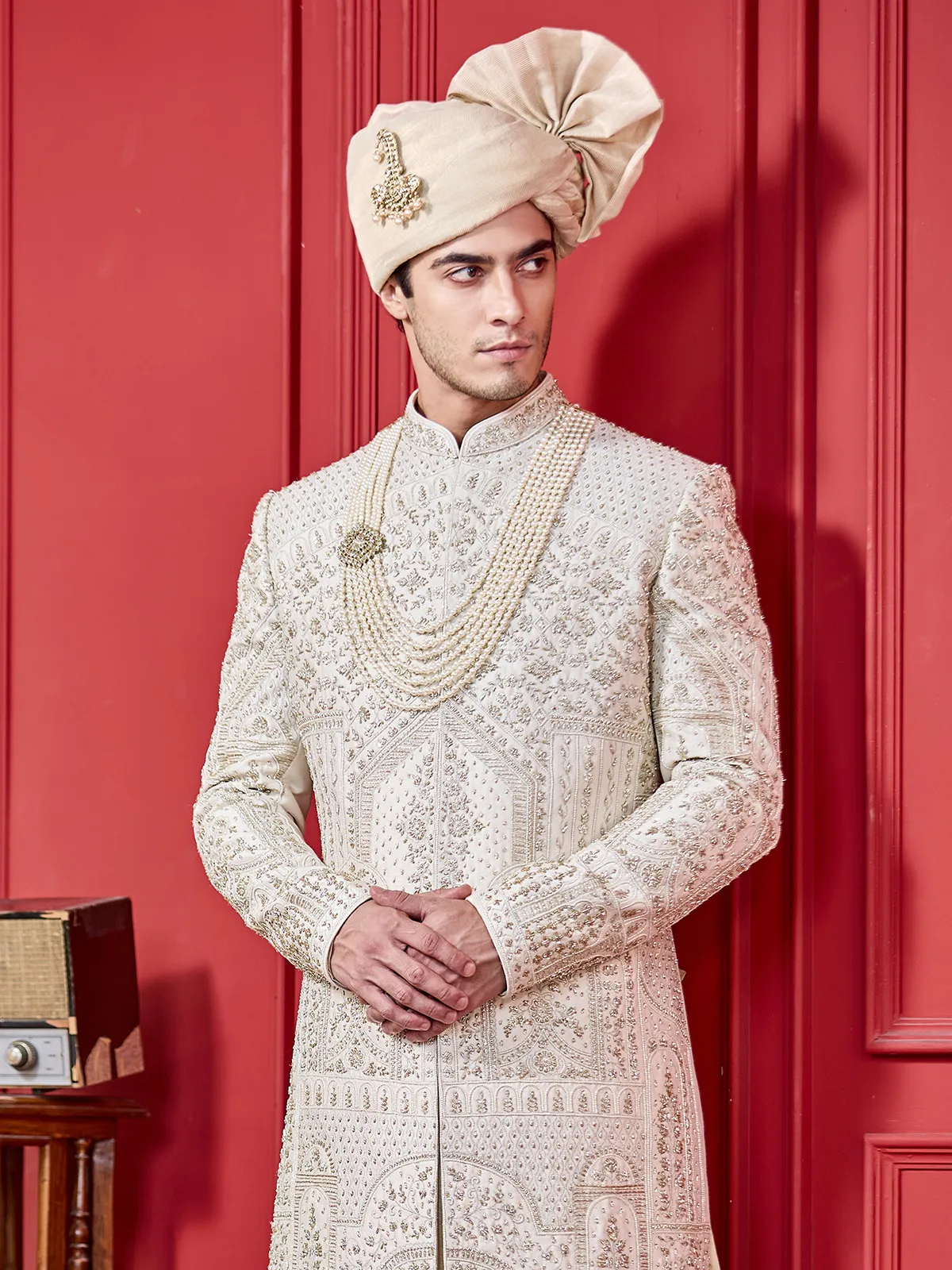 Light gold peshwahi style sherwani in silk