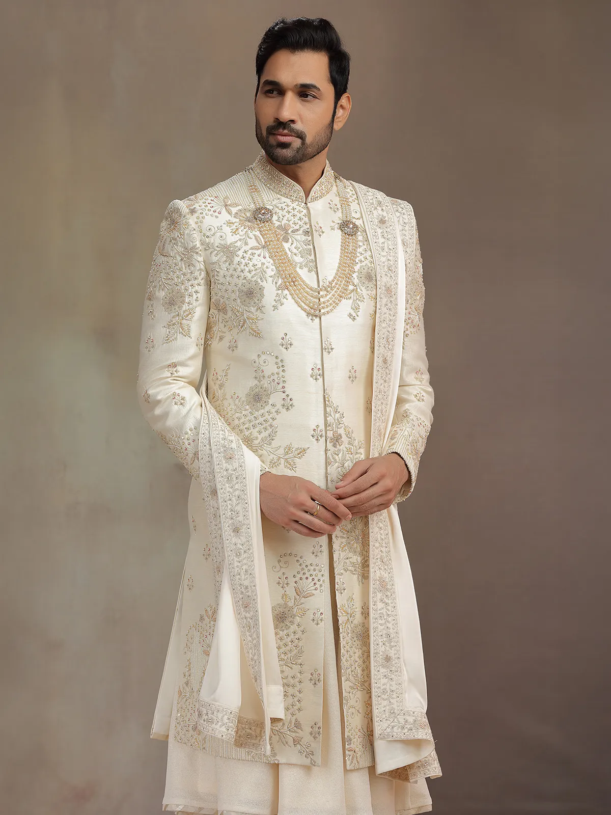 Light gold silk sherwani for groom with dupatta