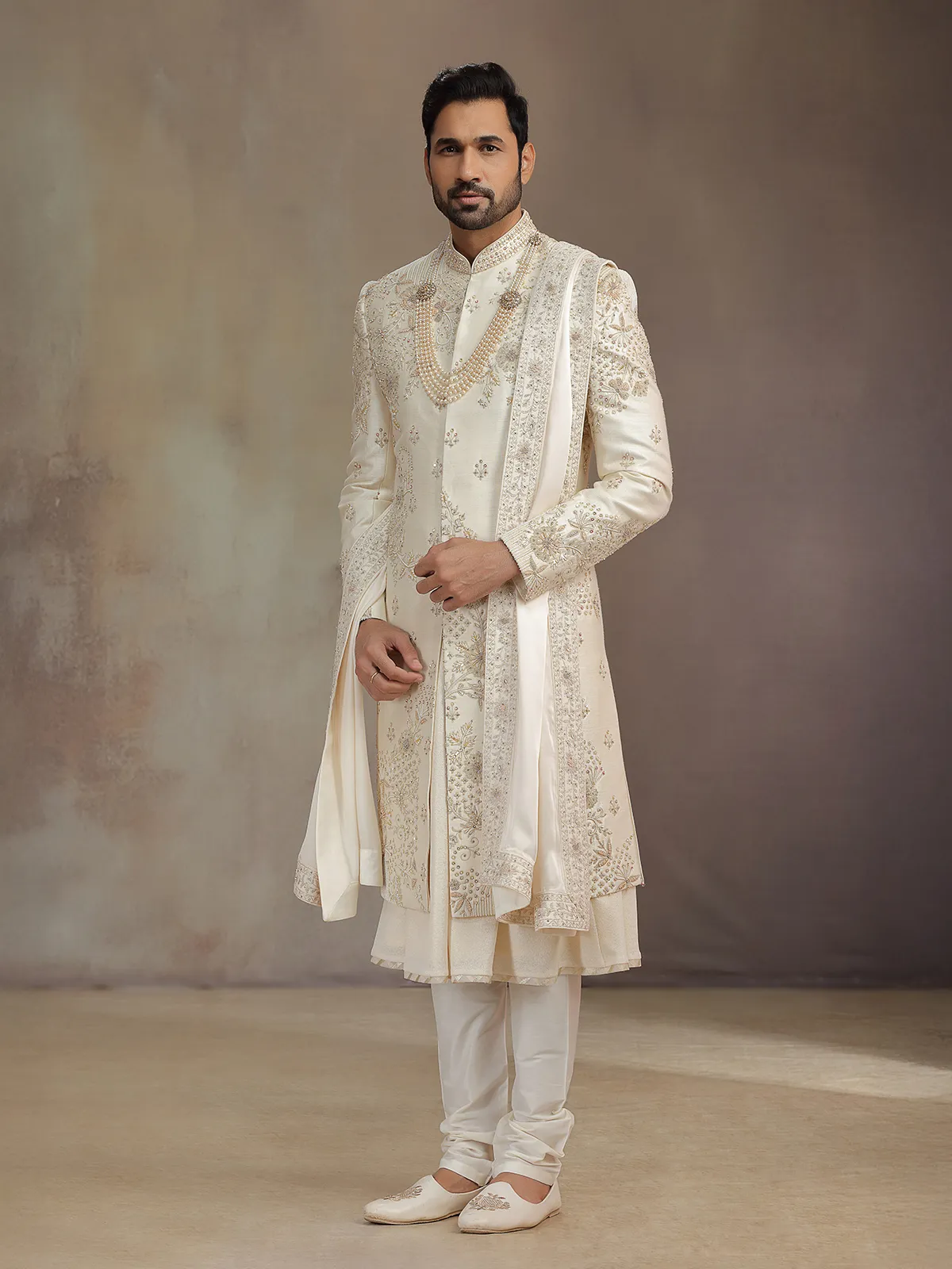Light gold silk sherwani for groom with dupatta
