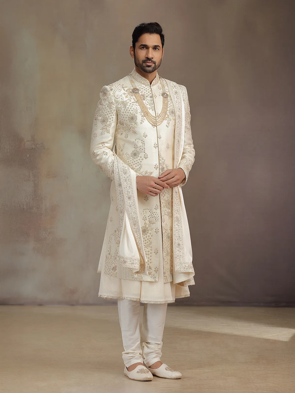 Light gold silk sherwani for groom with dupatta