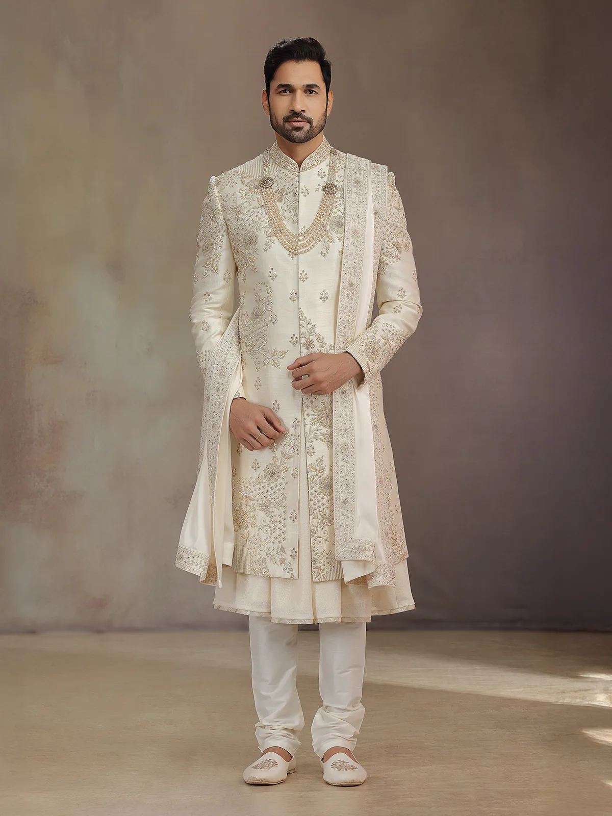 Light gold silk sherwani for groom with dupatta