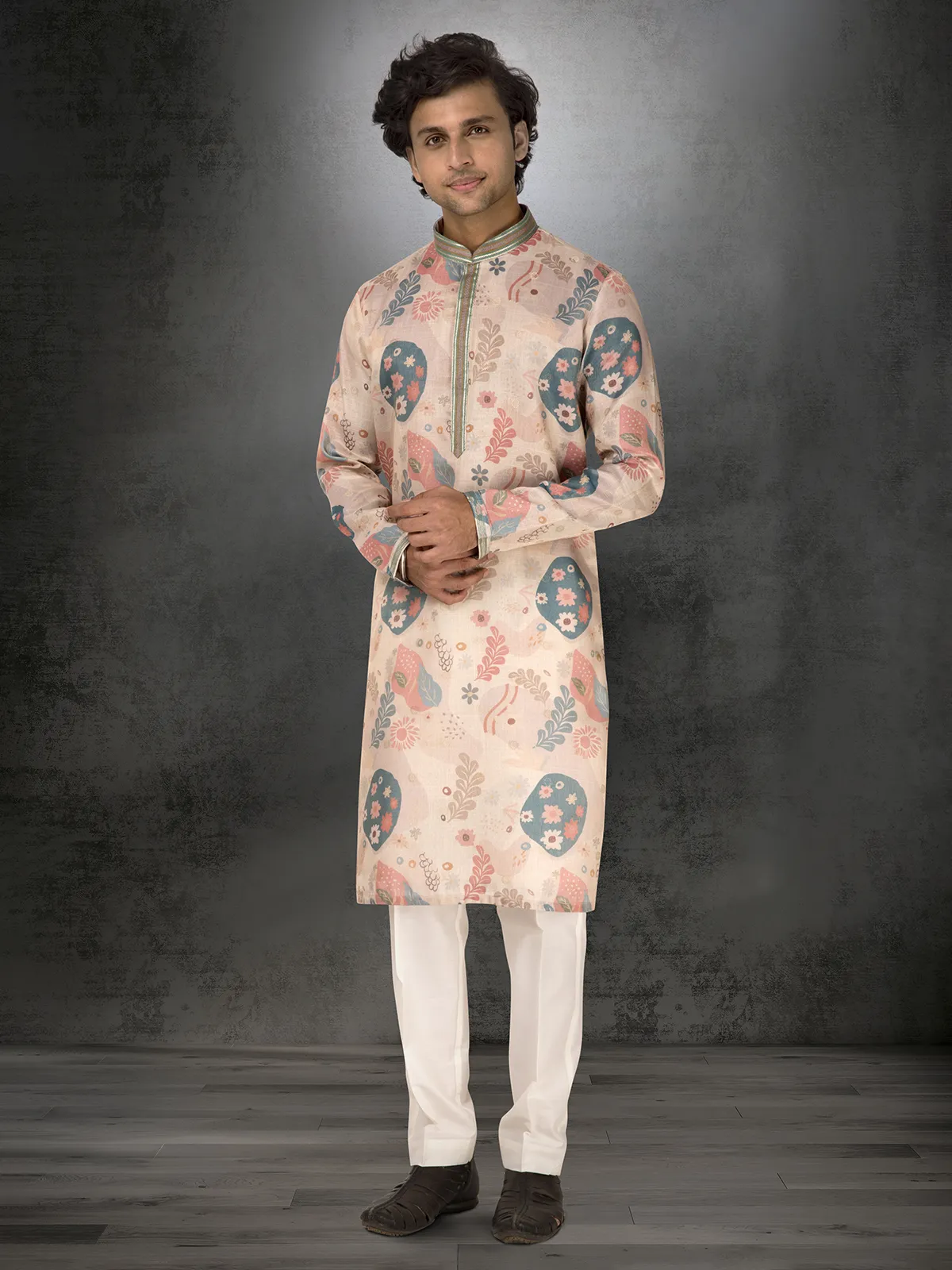 Light pink chanderi silk printed festive wear kurta suit