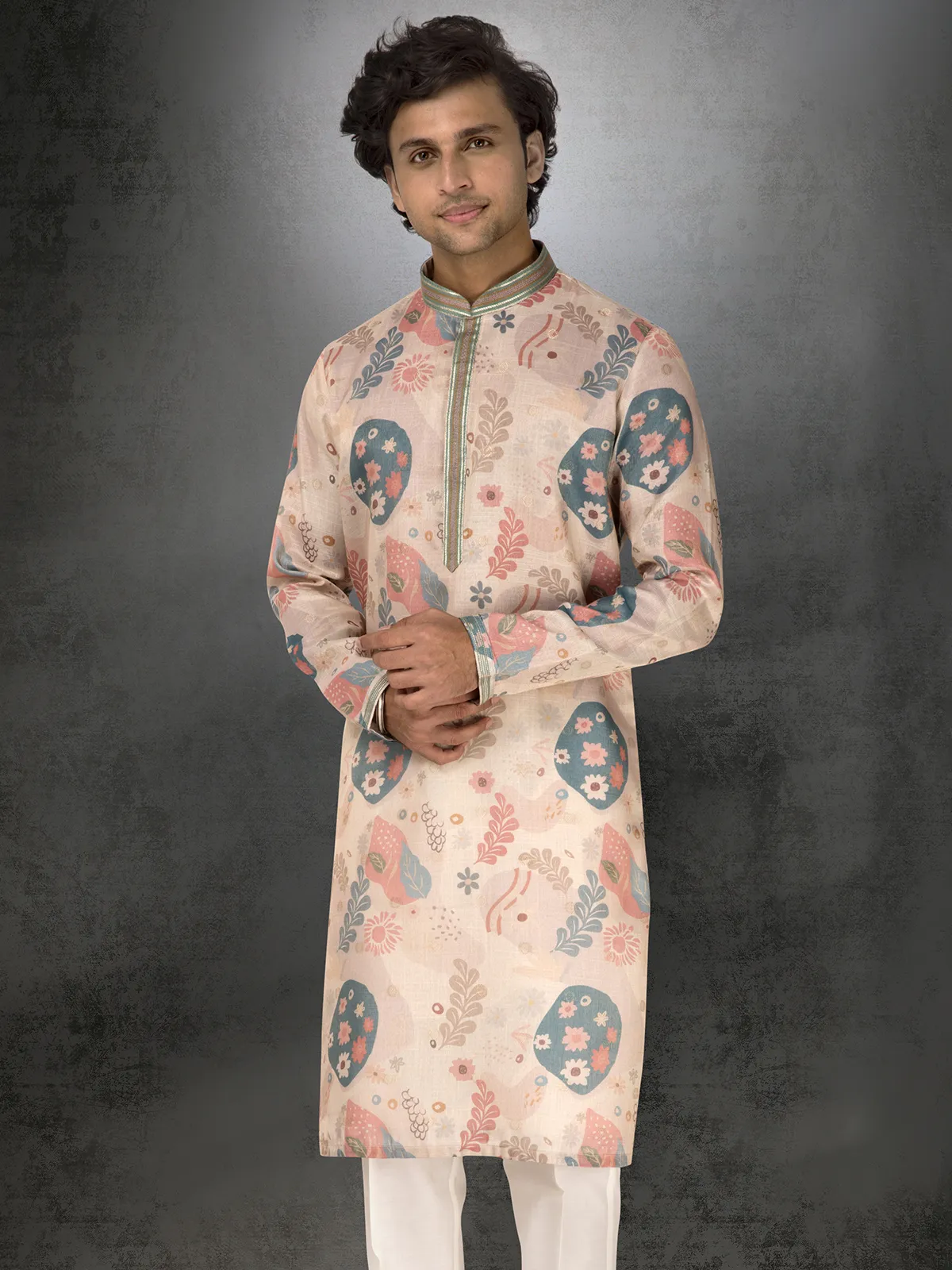 Light pink chanderi silk printed festive wear kurta suit
