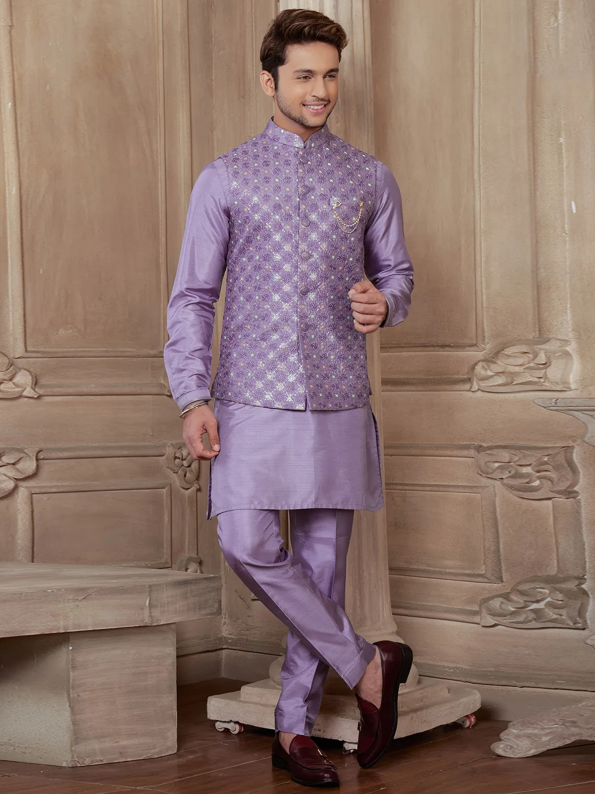 Light purple silk wedding wear waistcoat set