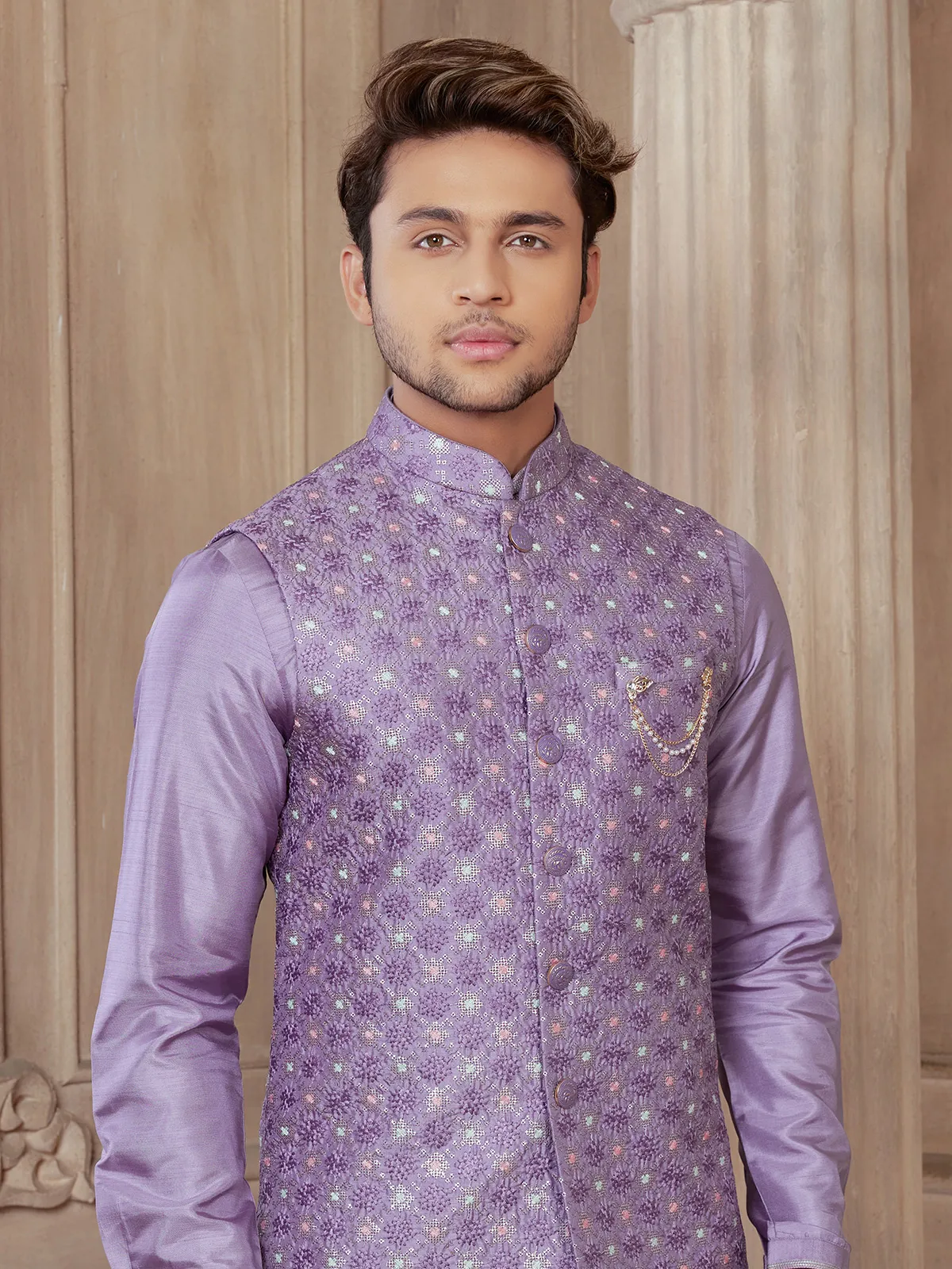 Light purple silk wedding wear waistcoat set