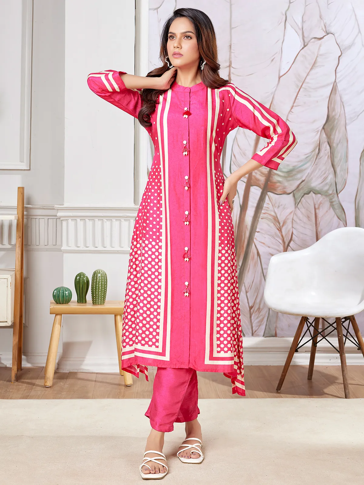 Magenta printed russian silk kurti set