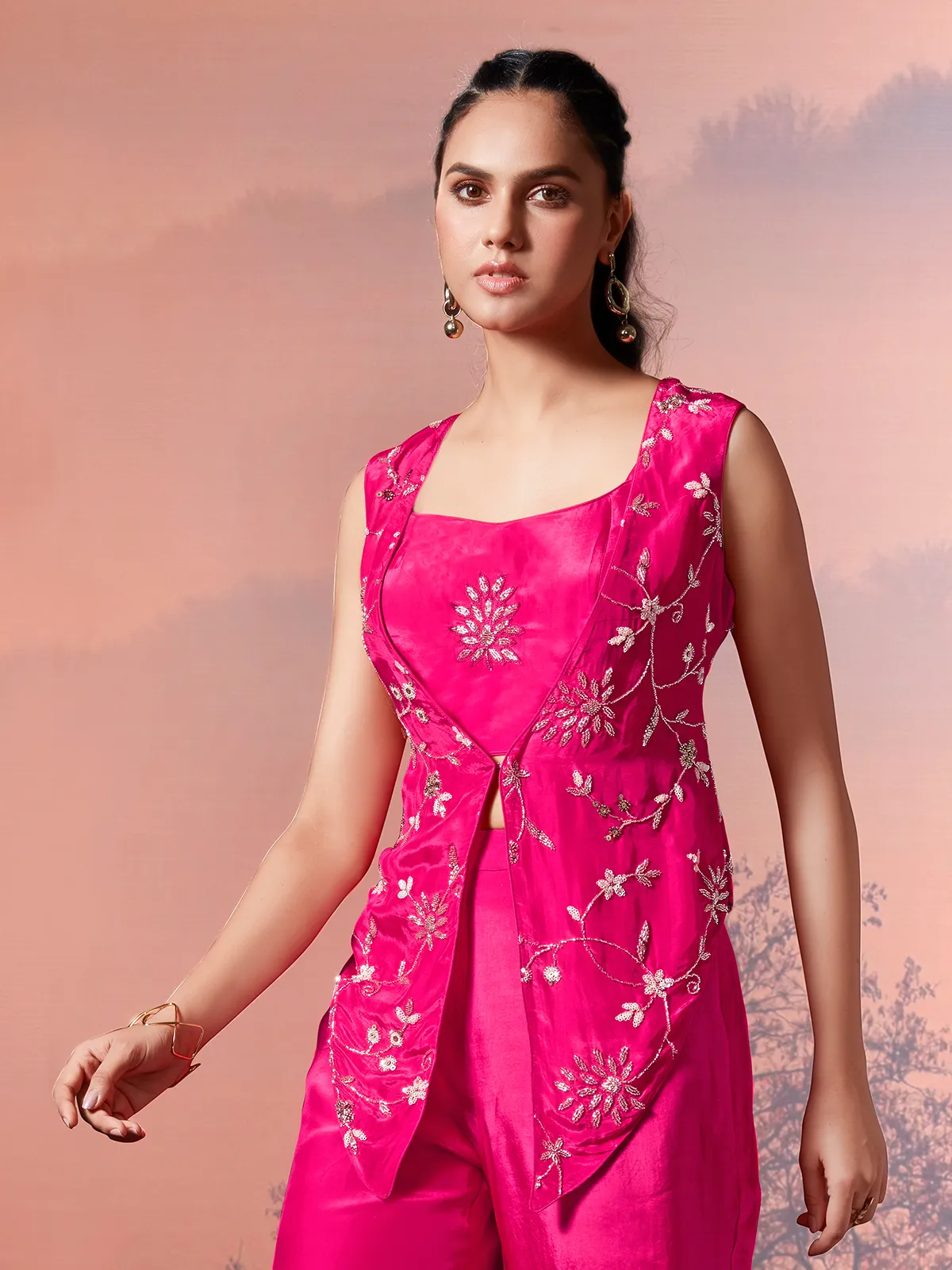 Magenta satin crepe jacket style palazzo suit