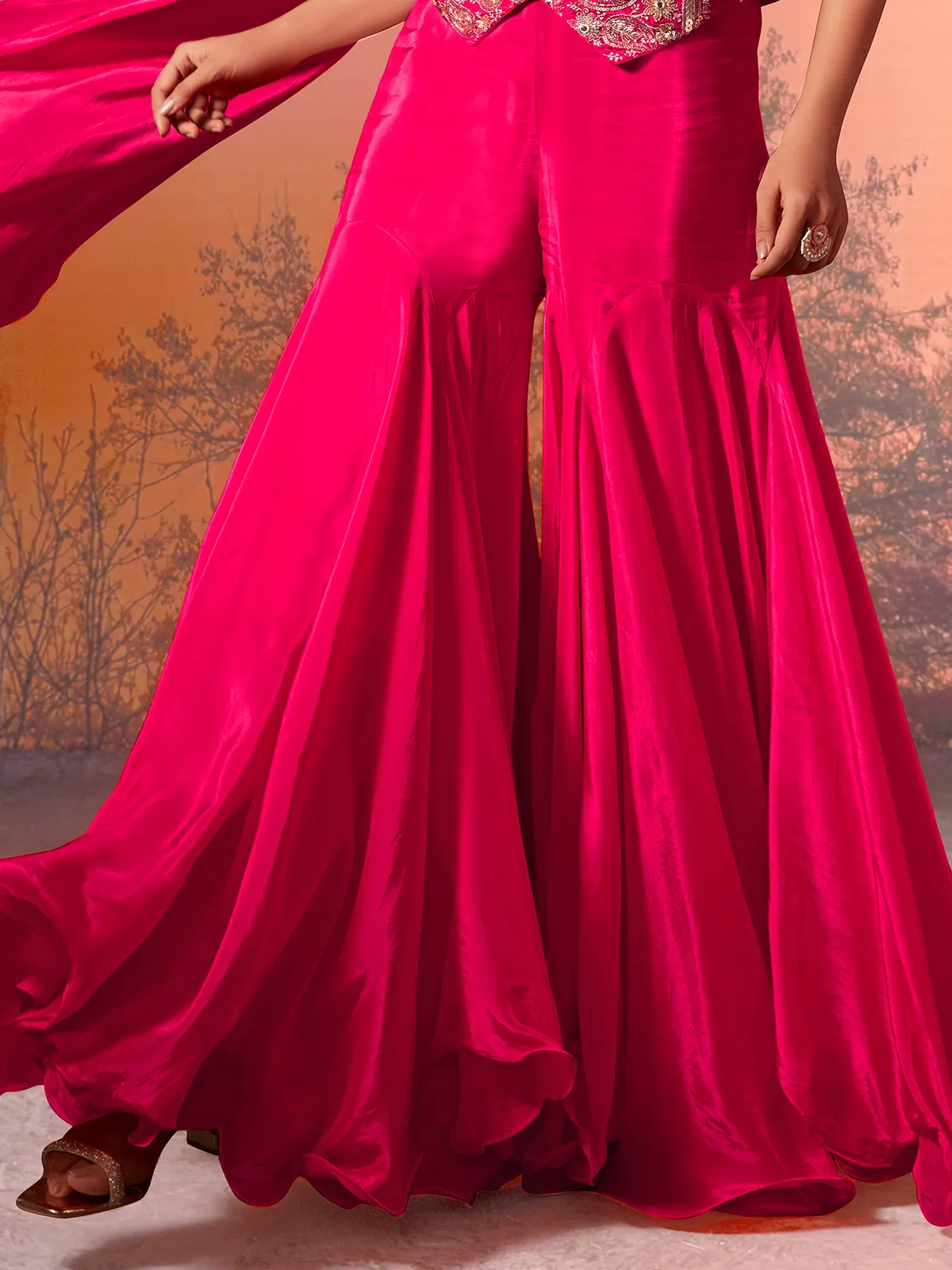 Magenta satin crepe silk embellished palazzo suit